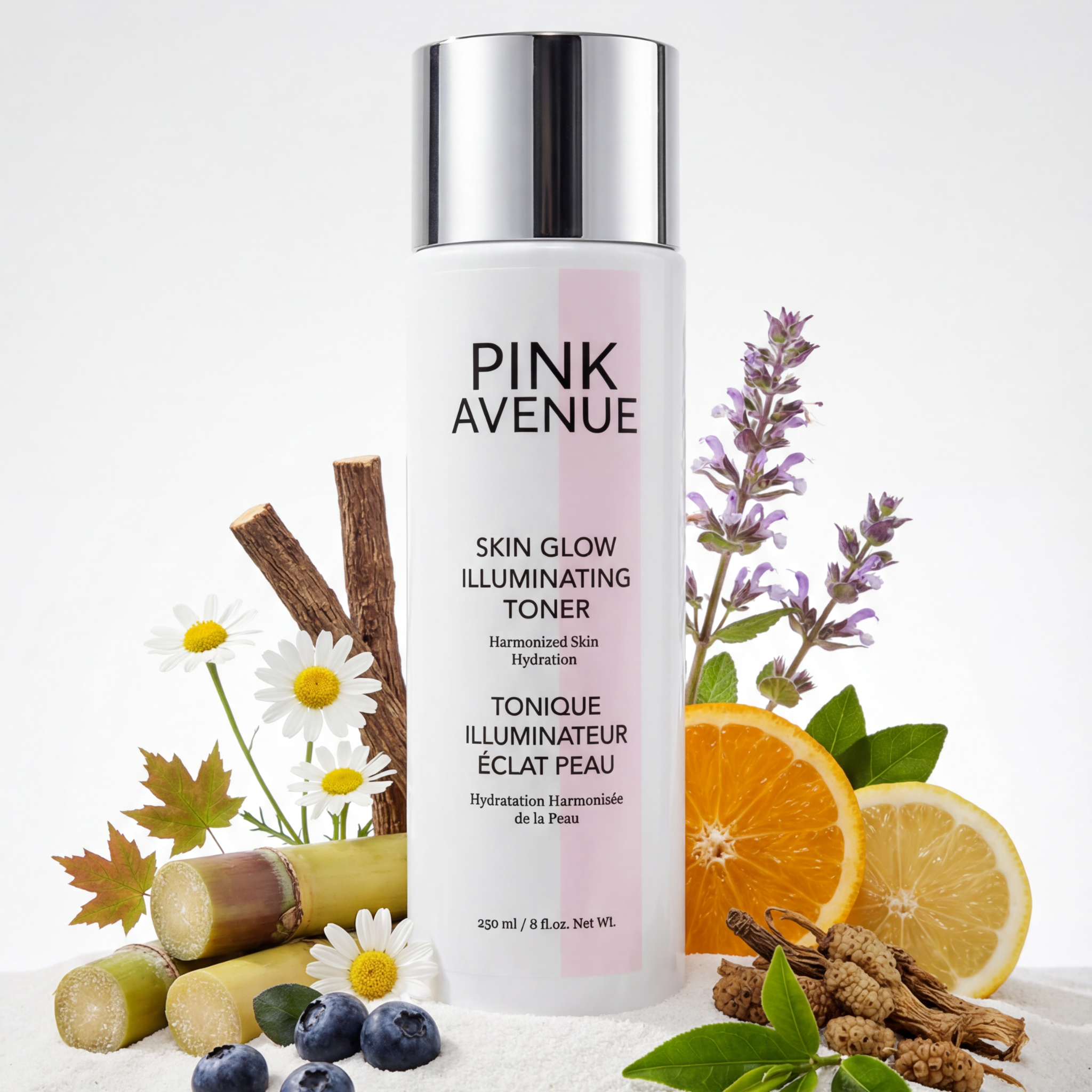 Pink Avenue skin care toner bottle with natural elements on a white background