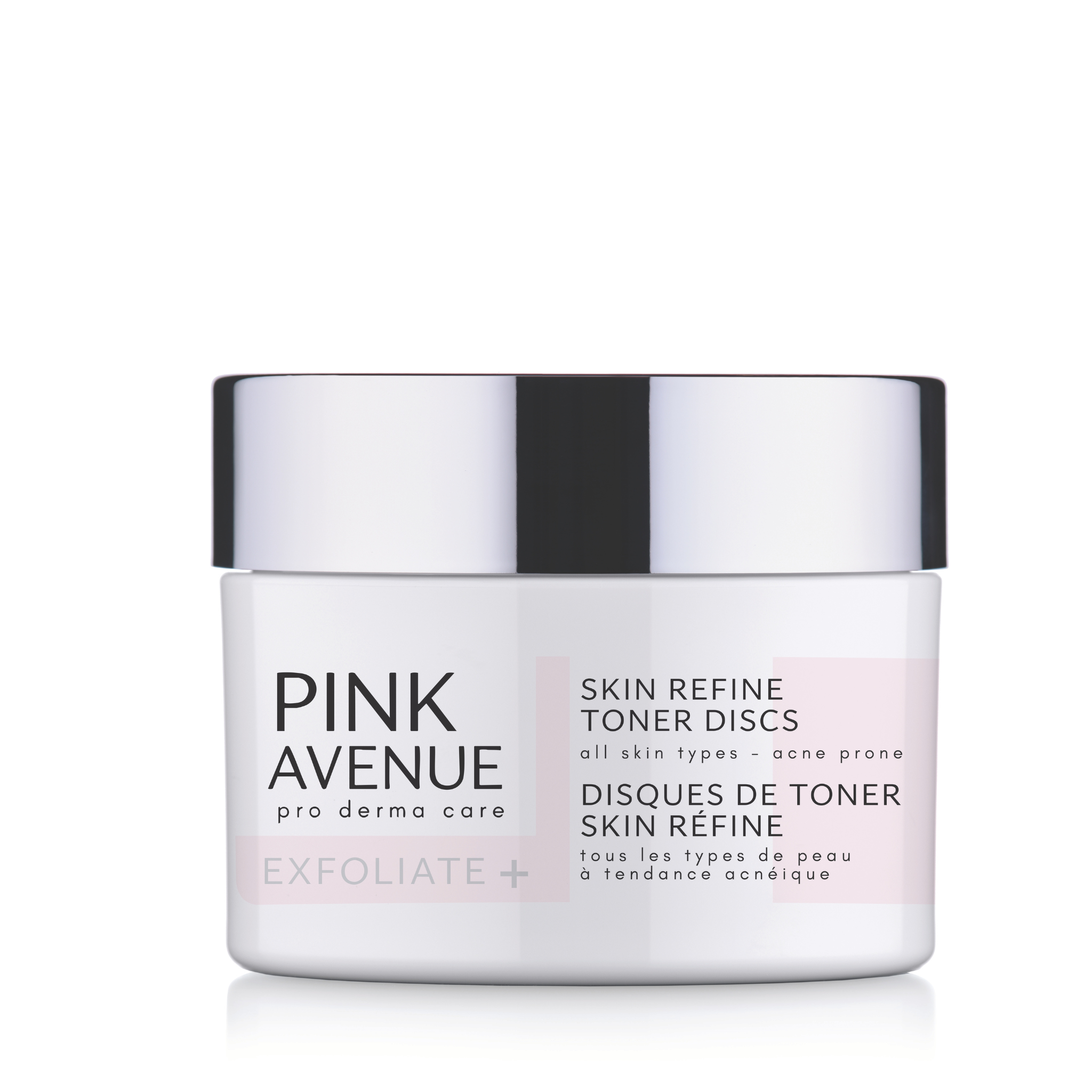 Pink Avenue skin refine toner discs packaging on a white background