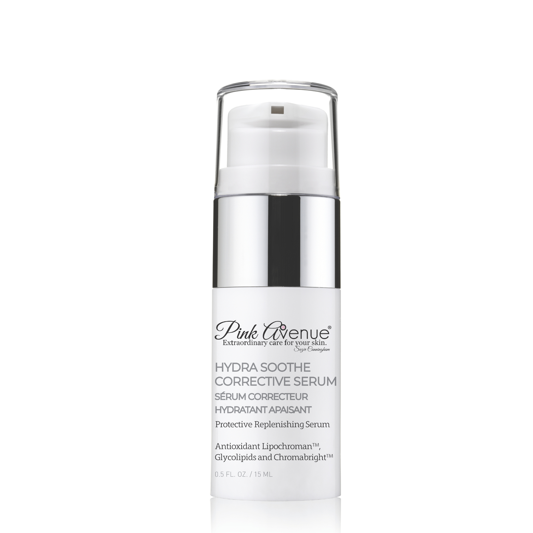 Skincare serum bottle with 'Pink Avenue' branding on a white background