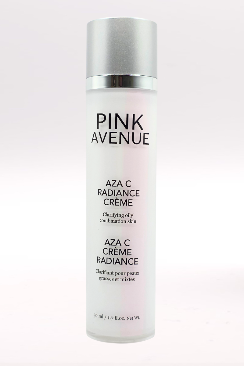 Pink Avenue Aza C Radiance Creme bottle on a light pink background