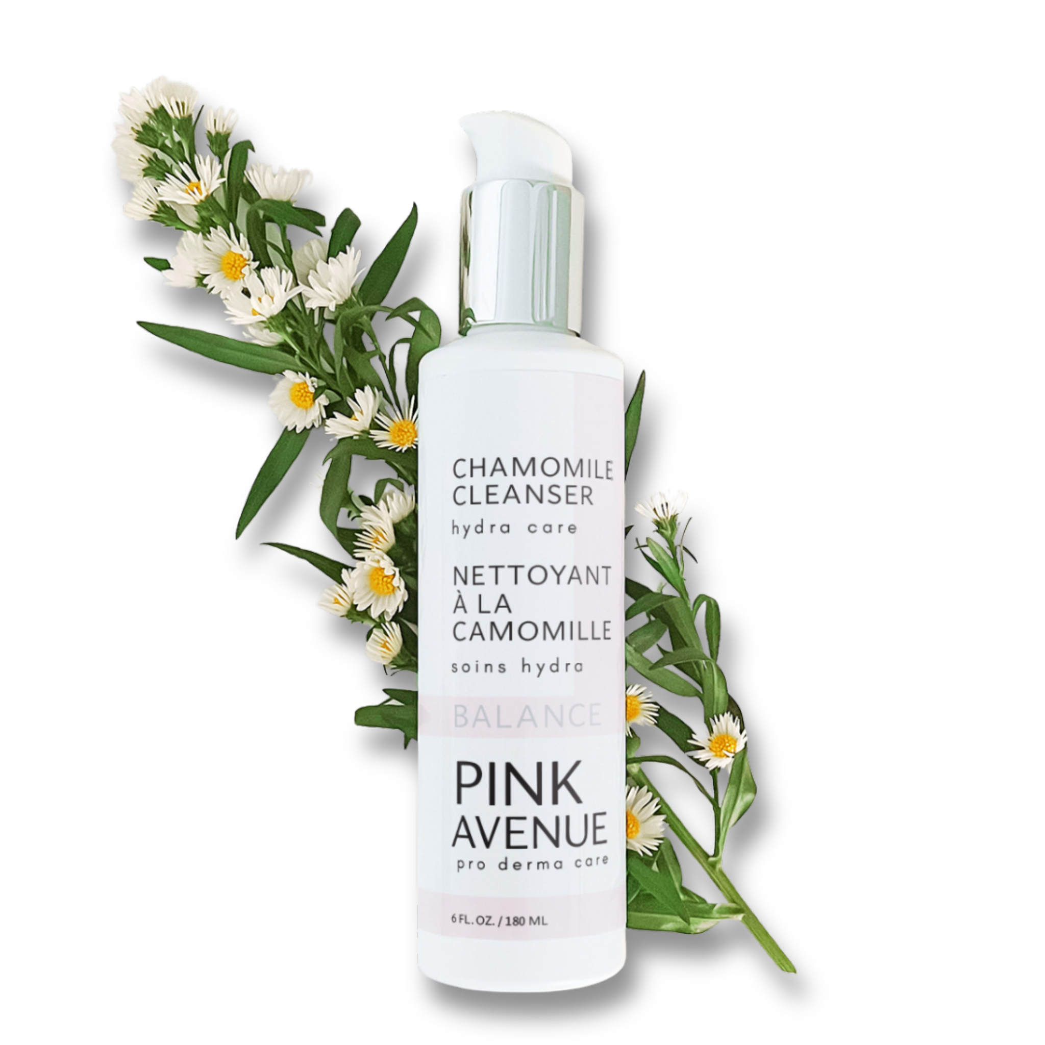 Bottle of Chamomile Cleanser from Pink Avenue with floral elements on a white background