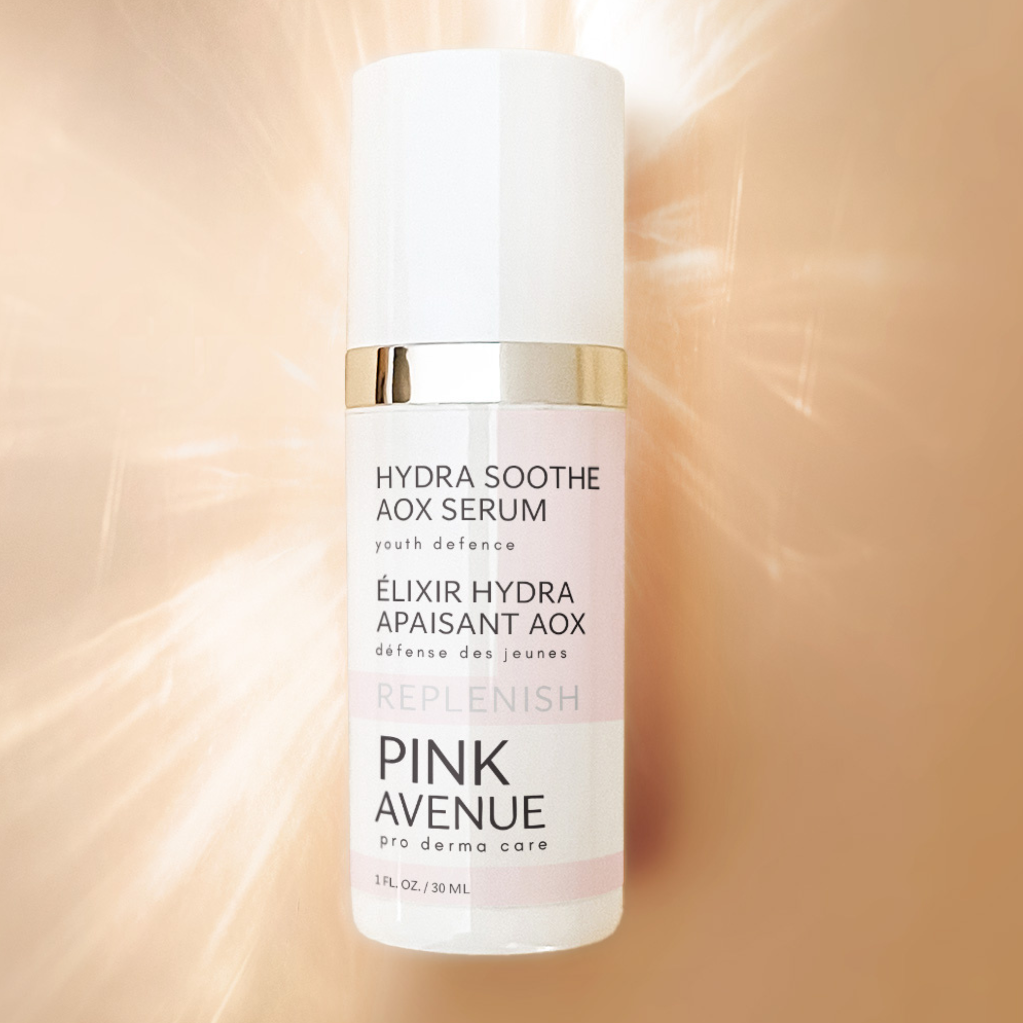 Pink Avenue Hydra Soothe AOX Serum bottle on a beige background
