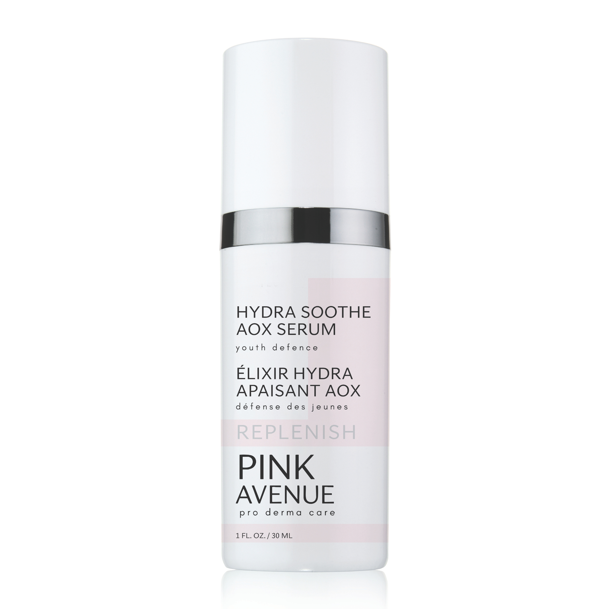 Pink Avenue Hydra Soothe AOX Serum bottle on a white background