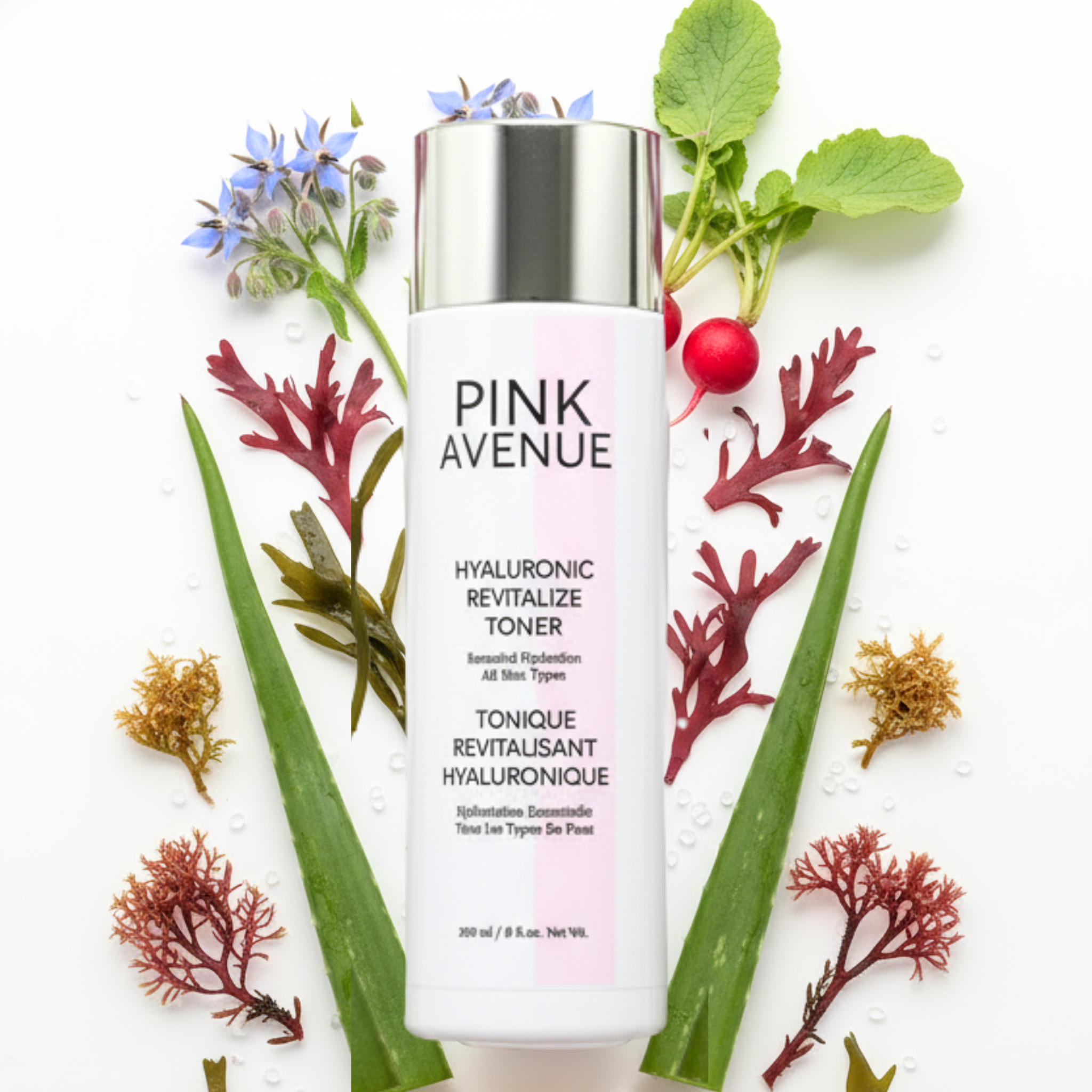 Pink Avenue toner bottle surrounded by natural elements on a white background