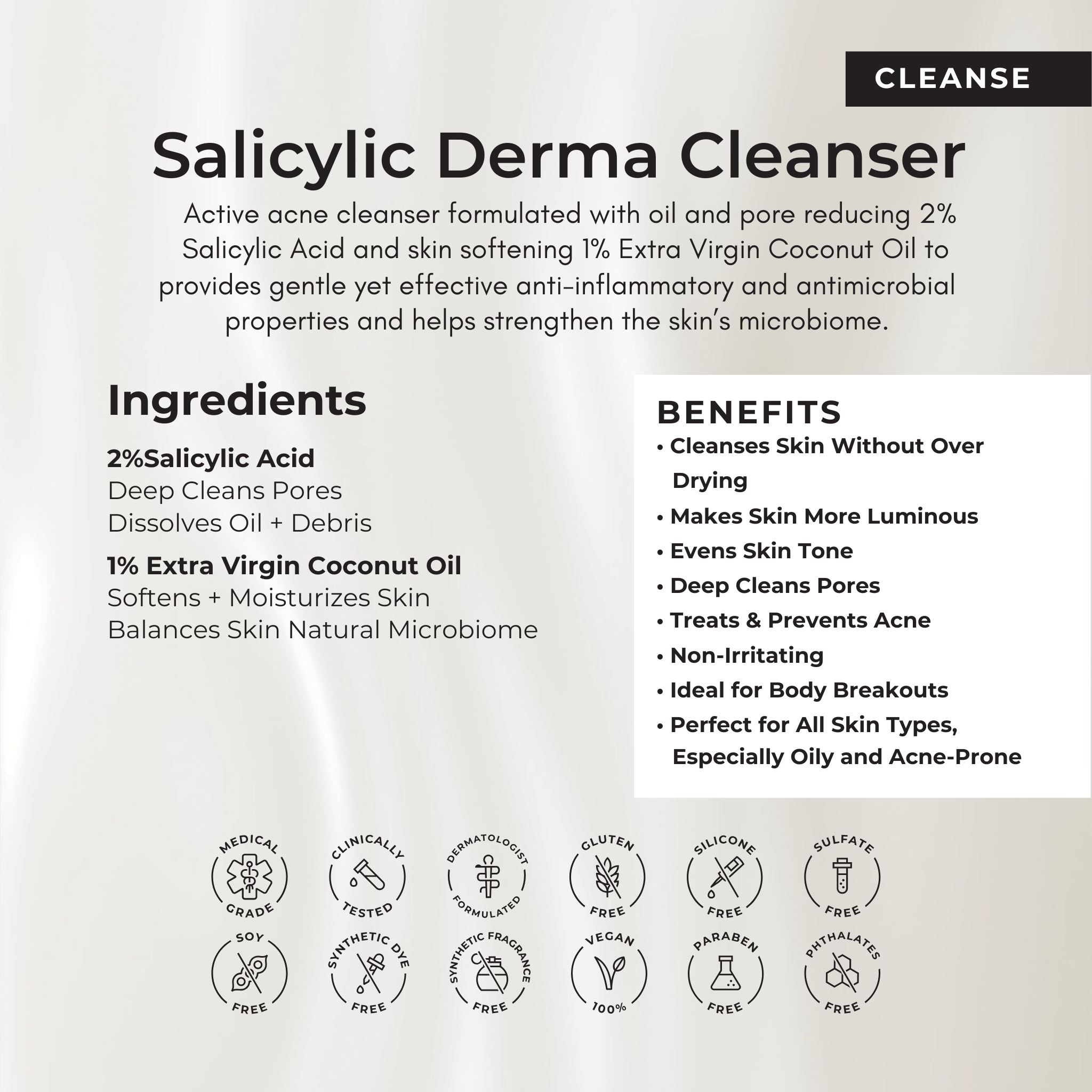 Salicylic Derma Cleanser product description with ingredients and benefits on a light gray background.