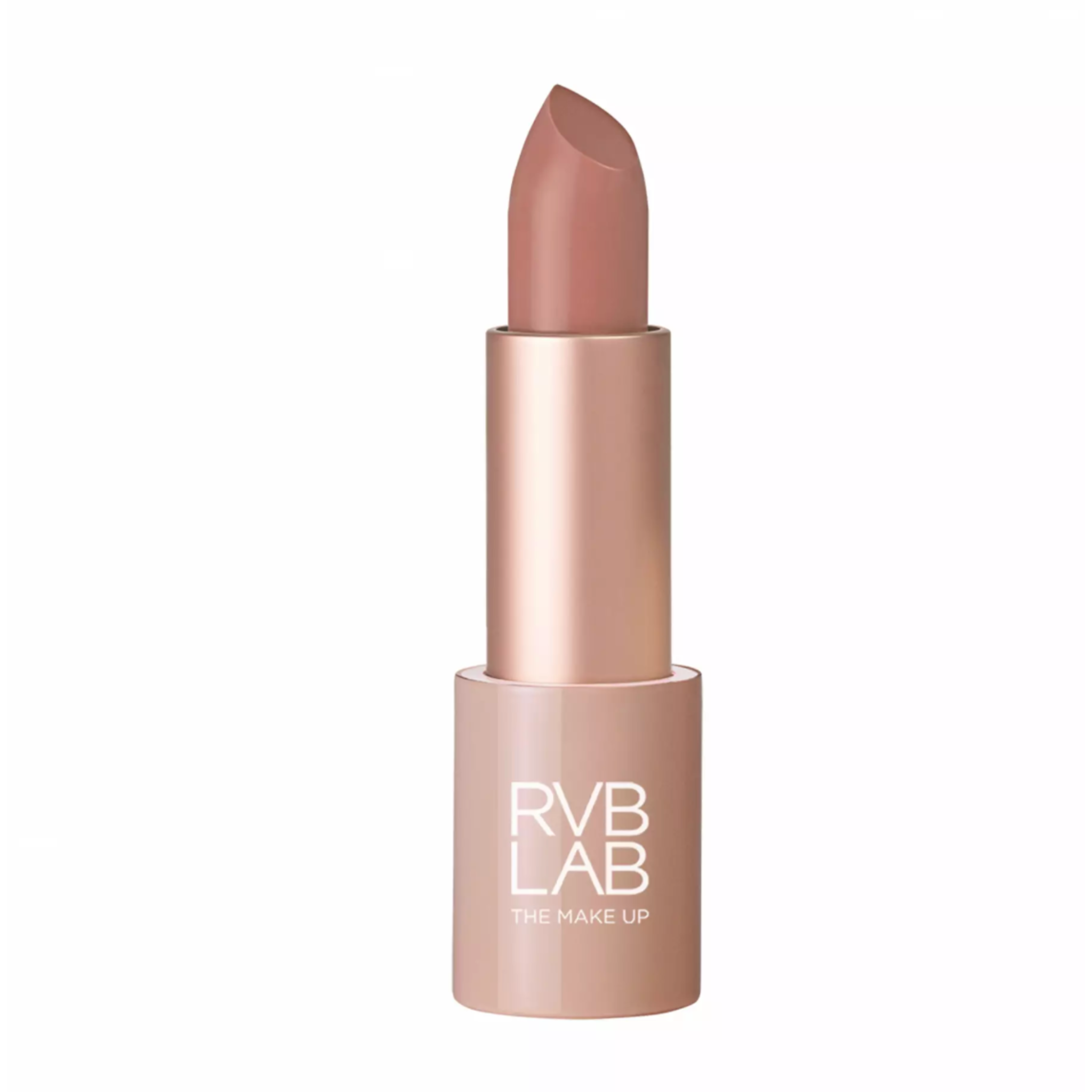 Lipstick with rose gold casing and 'RVB LAB' branding on a white background