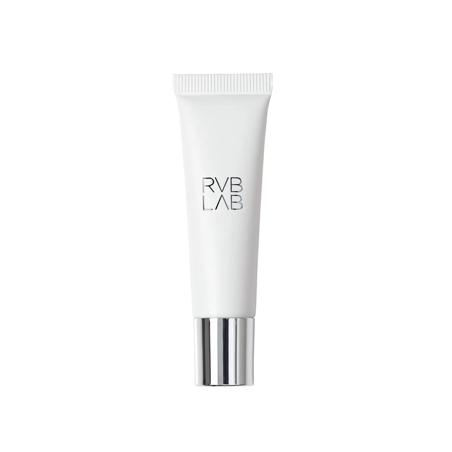 A white cosmetic squeeze tube with a metallic silver cap, featuring the brand name 'RVB LAB' printed in black on the front, set against a plain white background.