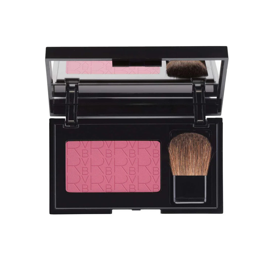 Makeup compact with pink blush and brush on a white background