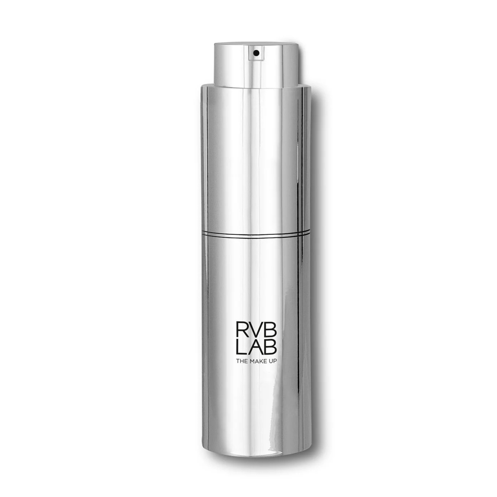 Silver cosmetic bottle with 'RVB LAB' branding on a white background