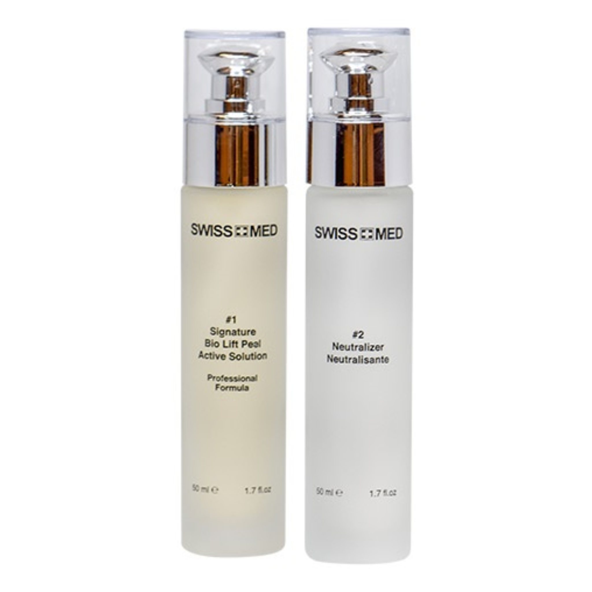 Two Swiss Med skincare bottles on a white background