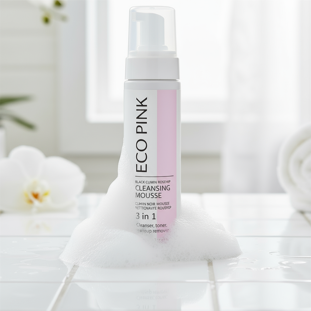 ECO Pink Cleansing Mousse Close-up on White Tiles