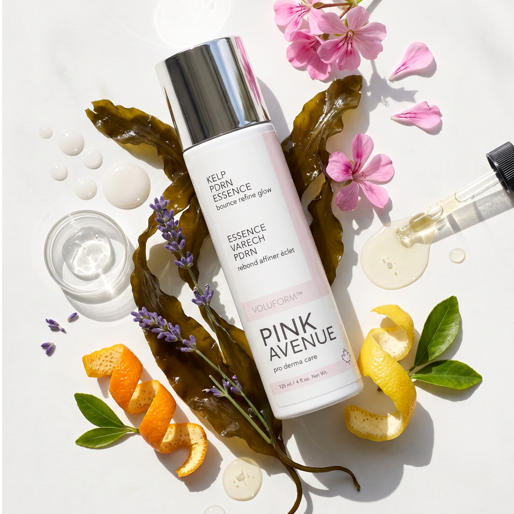 Kelp PDRN Essence flat lay with added milky-white serum drops and preserved oil-extract detail