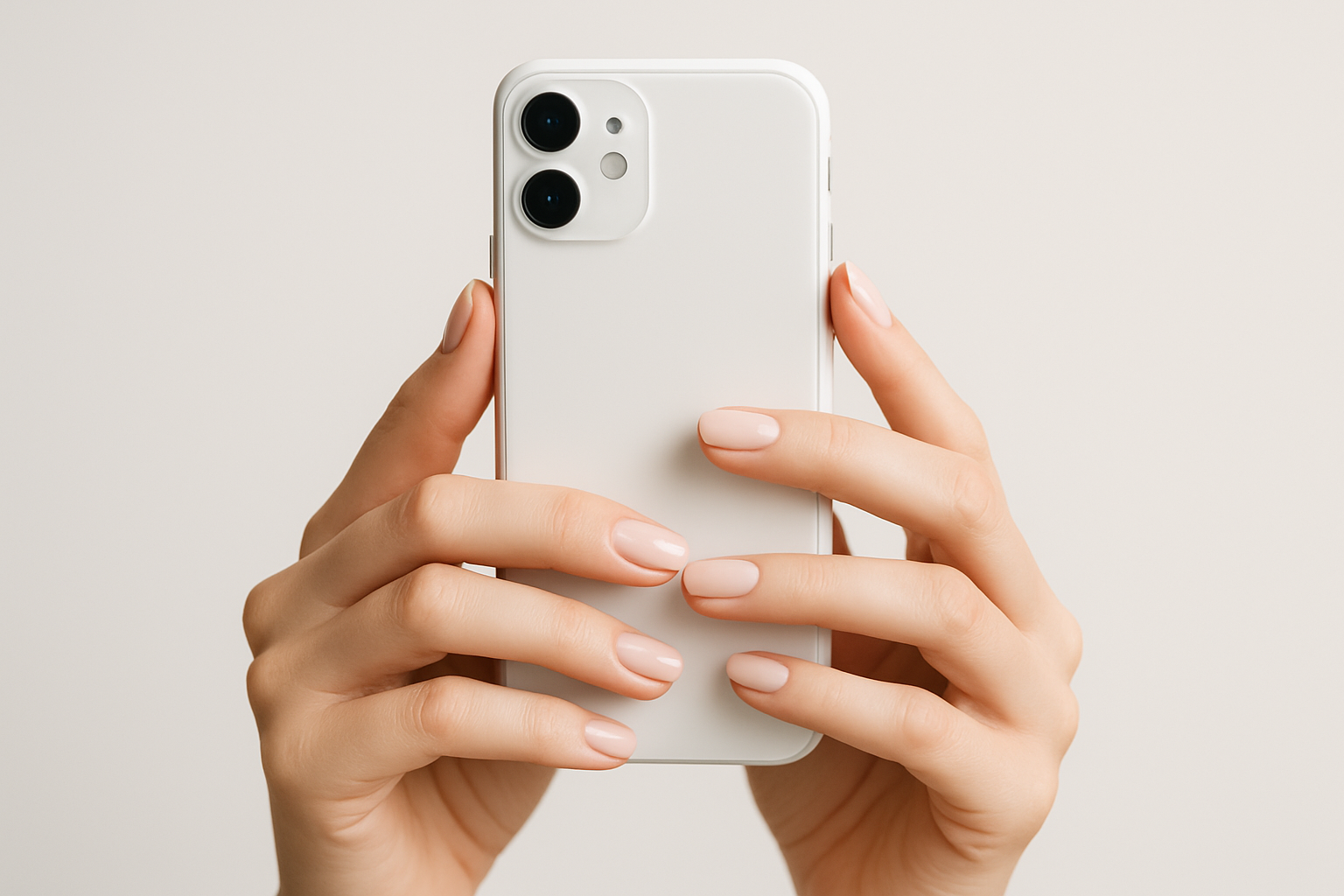 manicured hands holding a white cell phone