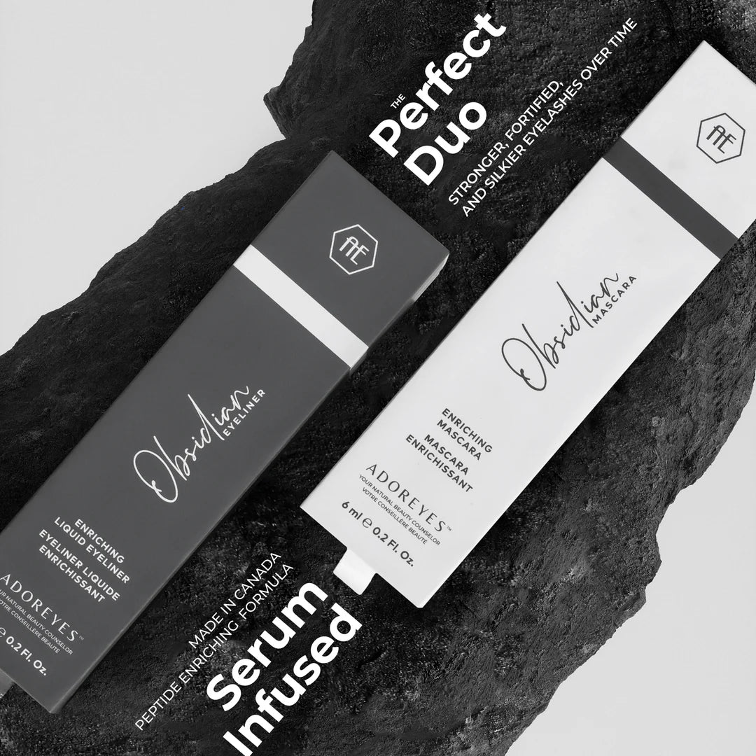 Two Adore Eyes cosmetic products on a dark stone background with text about serum infusion.