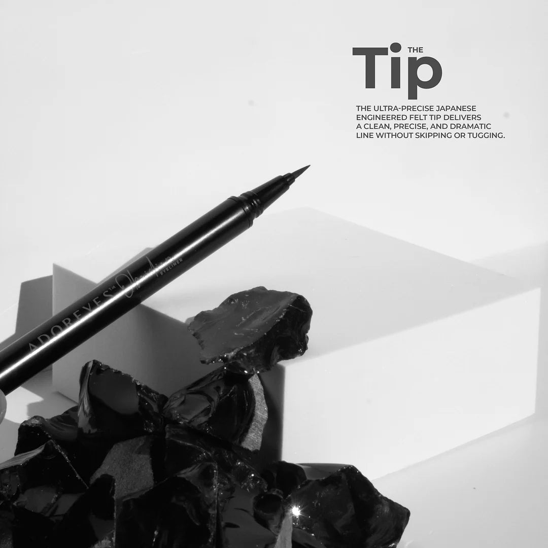 Adoreyes Obsidian liquid eyeliner showing sleek black packaging and fine-tip applicator for precise application
