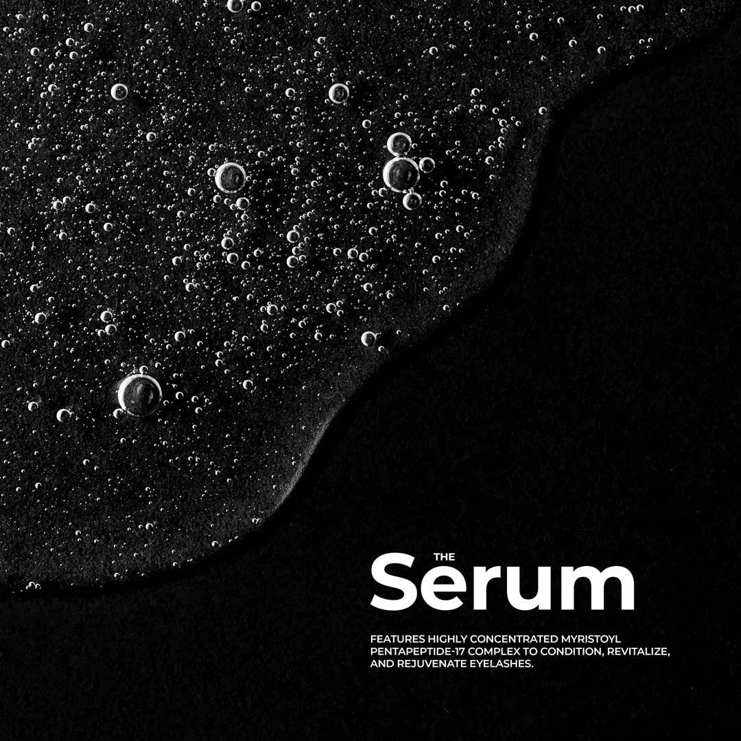 Black and white image of bubbles on a dark background with 'The Serum' text.