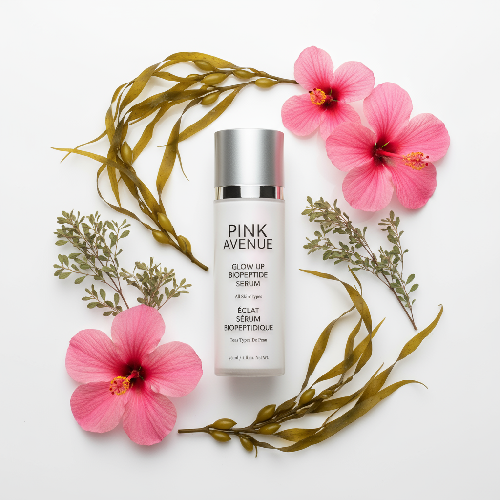 Pink Avenue Glow Up BioPeptide Serum Flat Lay