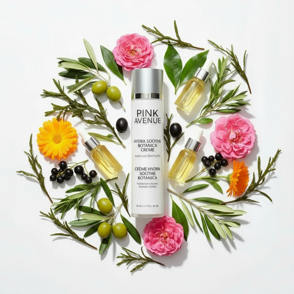 Pink Avenue Skincare Hydra Soothe Cream with flowers and leaves on a white background