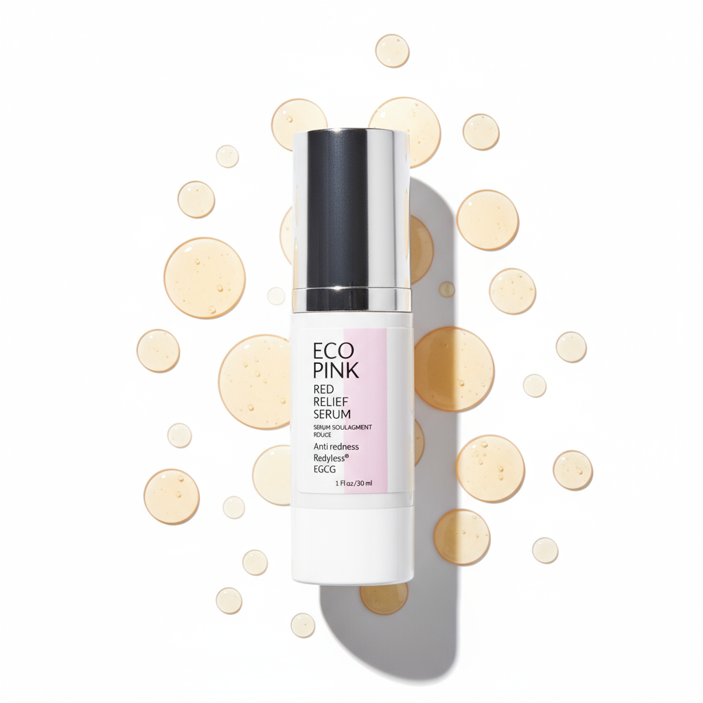 Red Relief Serum Flat Lay with Accurate Branding