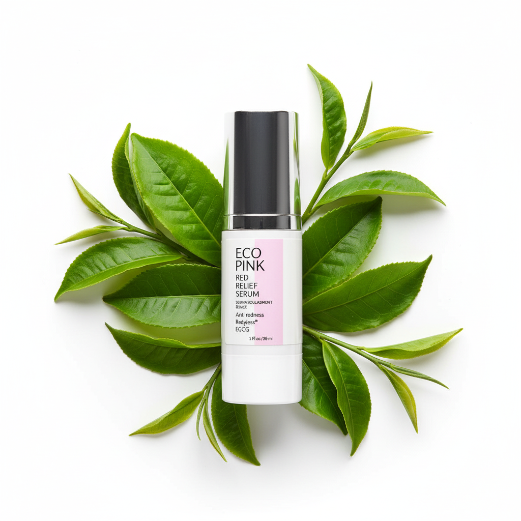 Red Relief Serum Flat Lay with Green Tea Leaves