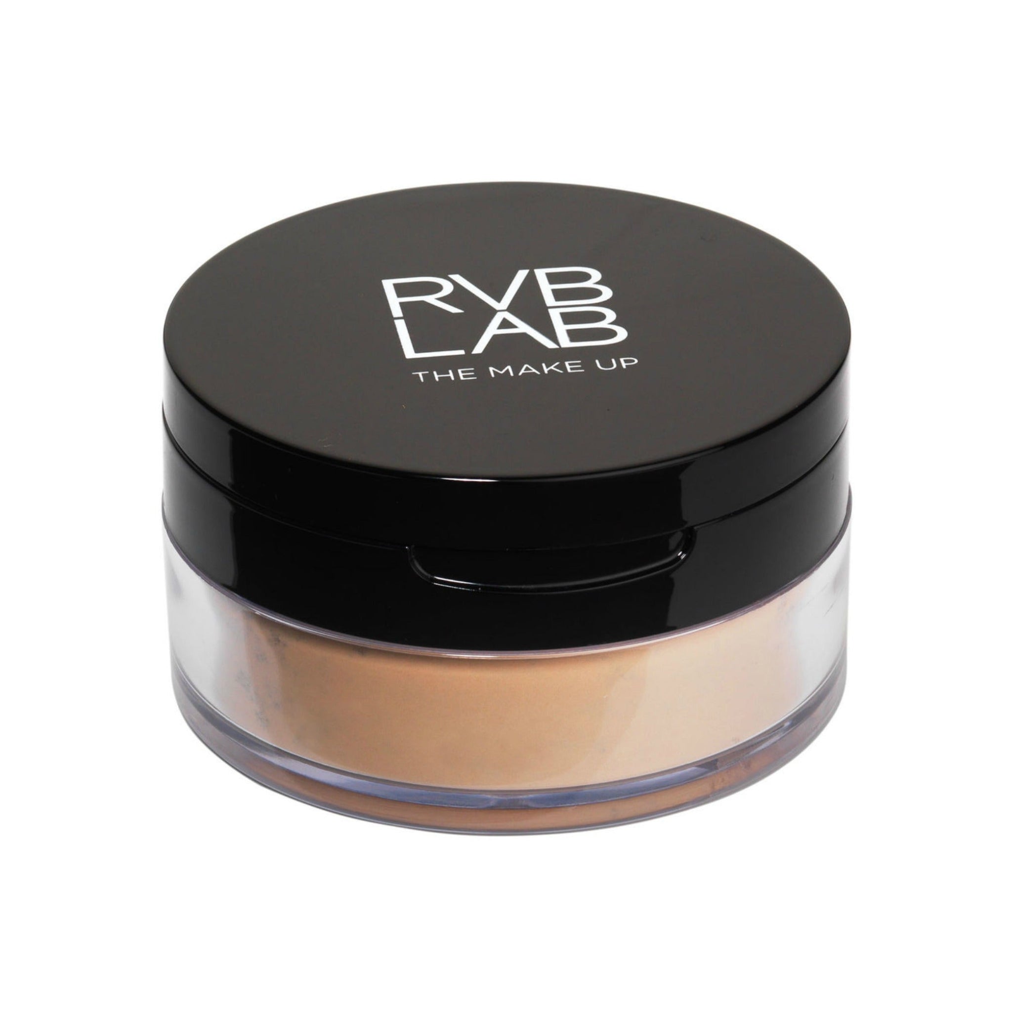 A jar of RVB Lab loose powder makeup with a black lid on a white background.