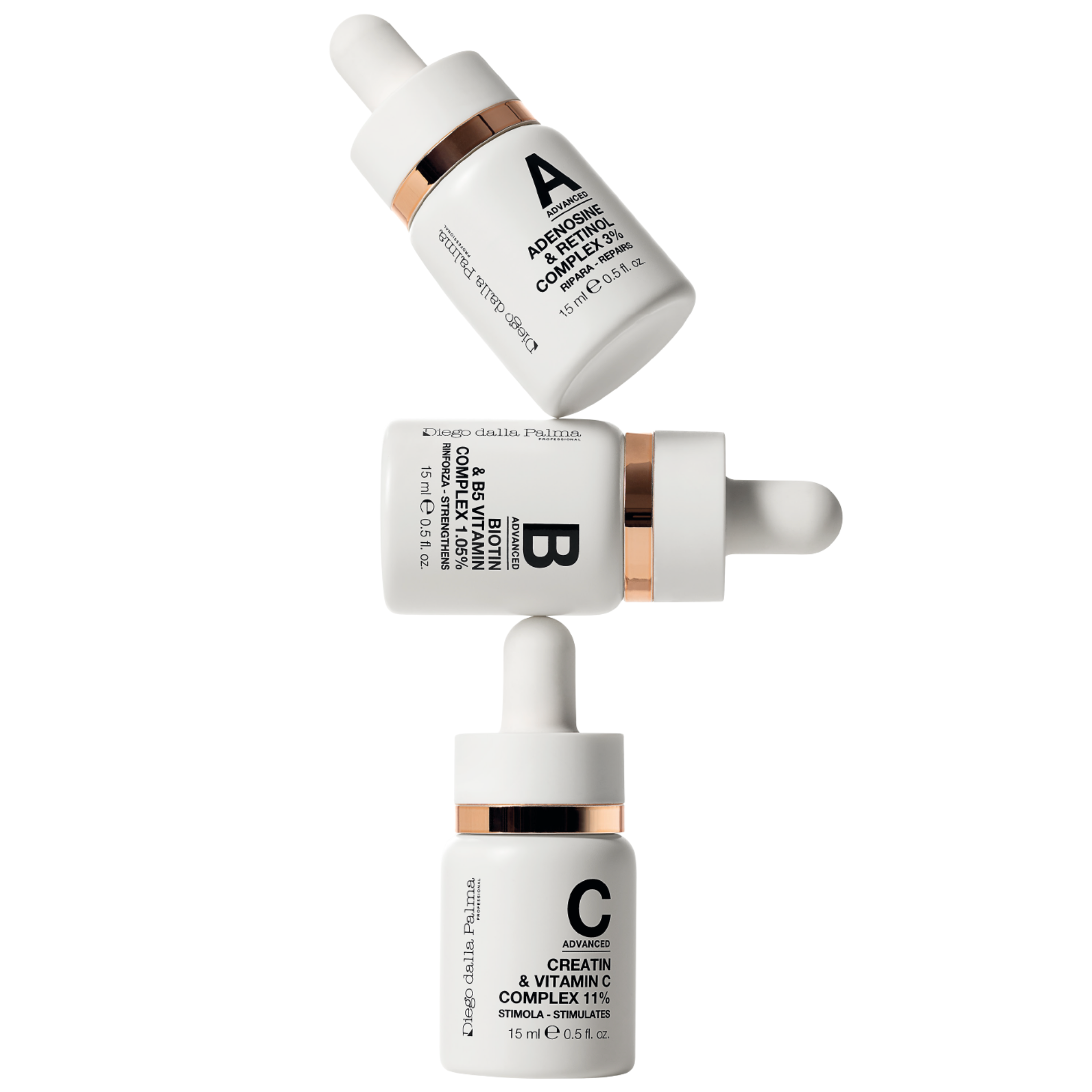 Three skincare serum bottles labeled A, B, and C on a white background