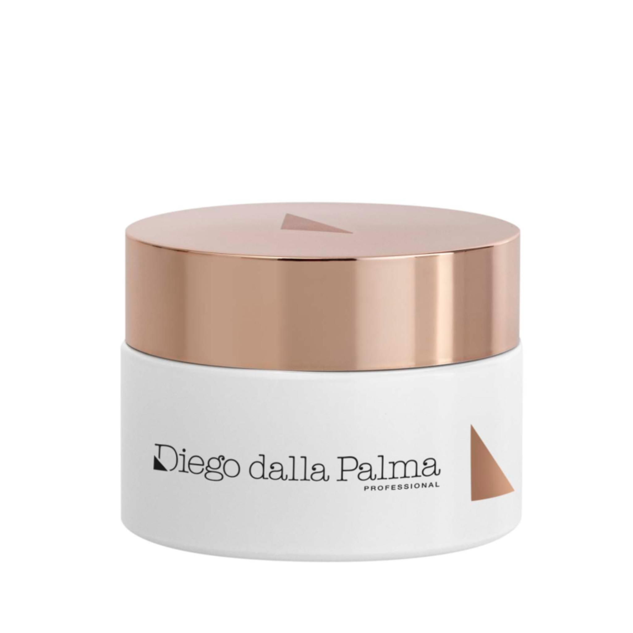 White jar with rose gold lid featuring 'Diego dalla Palma' on a white background