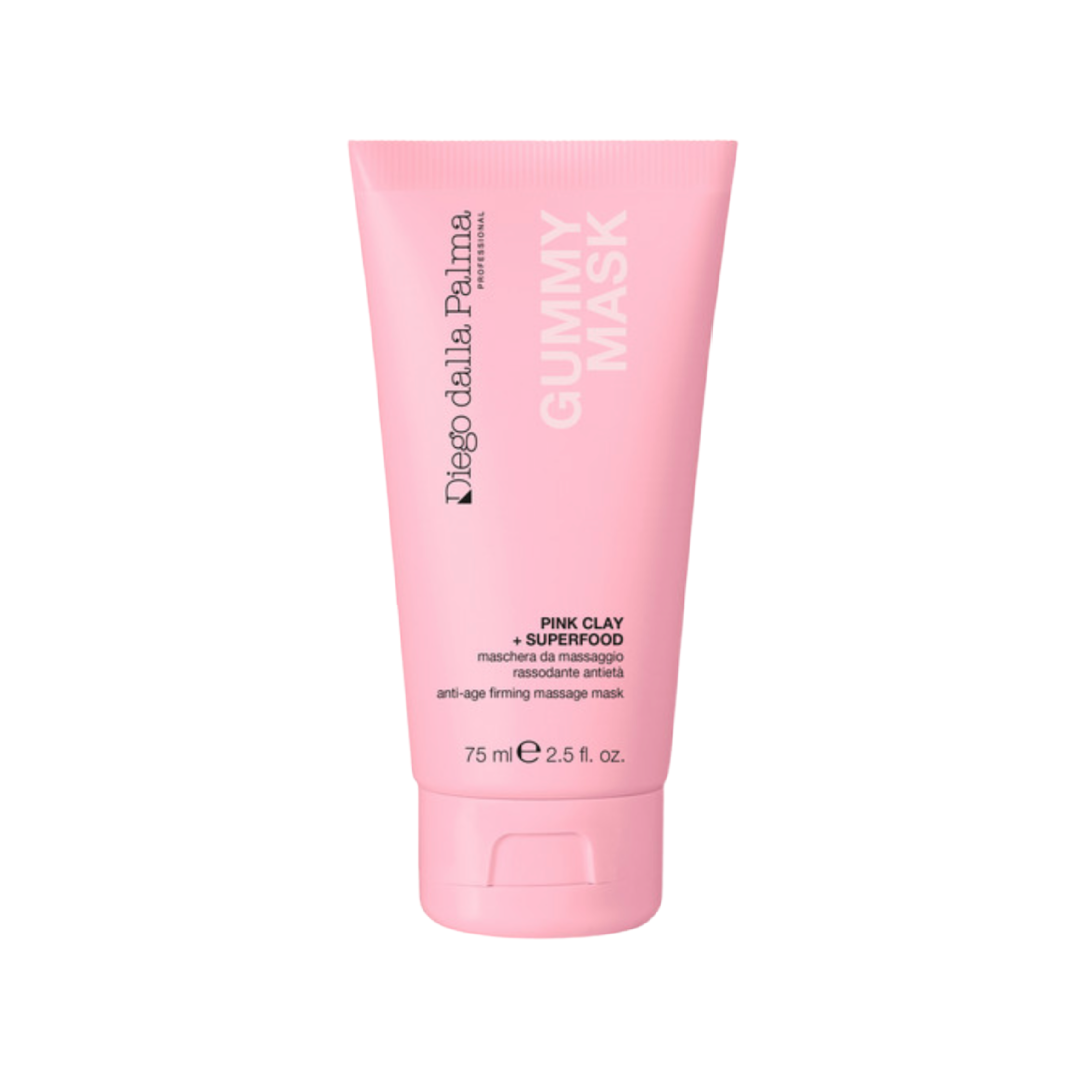 Pink tube of Gummy Mask on a white background