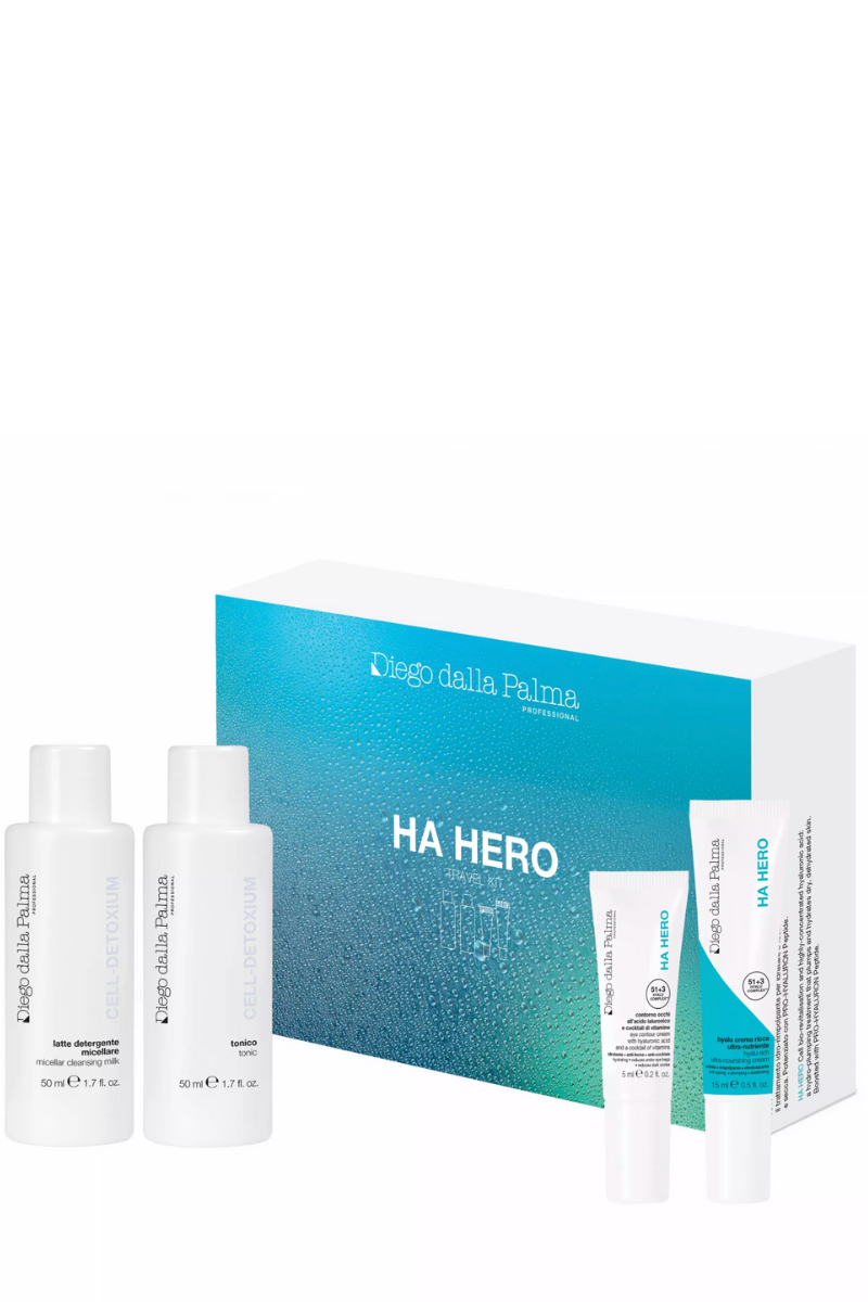 "HA Hero Travel Size Kit by Diego Dalla Palma Professional  featuring miniature hyaluronic acid skincare products in TSA-friendly bottles, arranged on a clean white background with travel accessories, perfect for Canadian skincare enthusiasts
