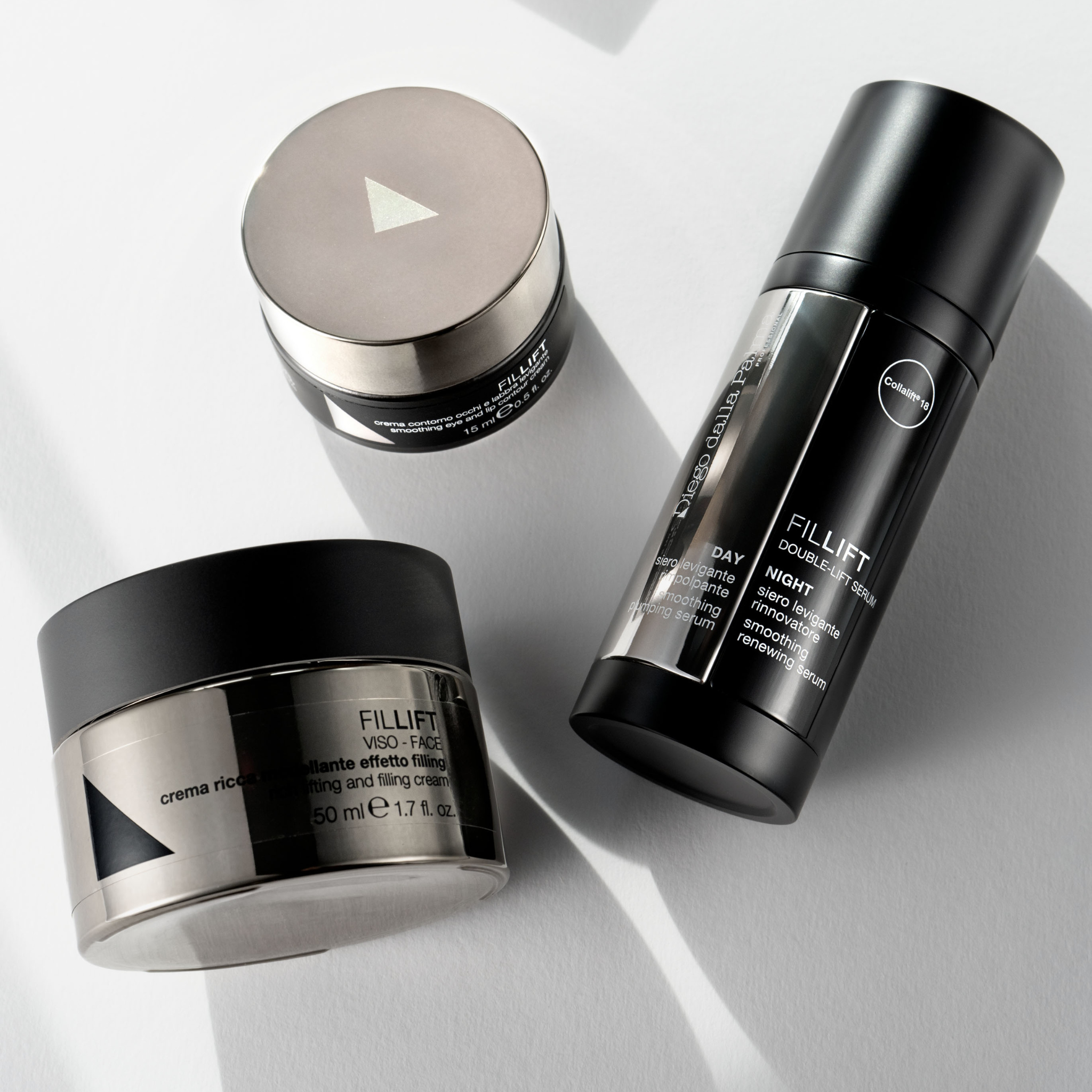Three skincare products from the Fillift brand on a light gray background