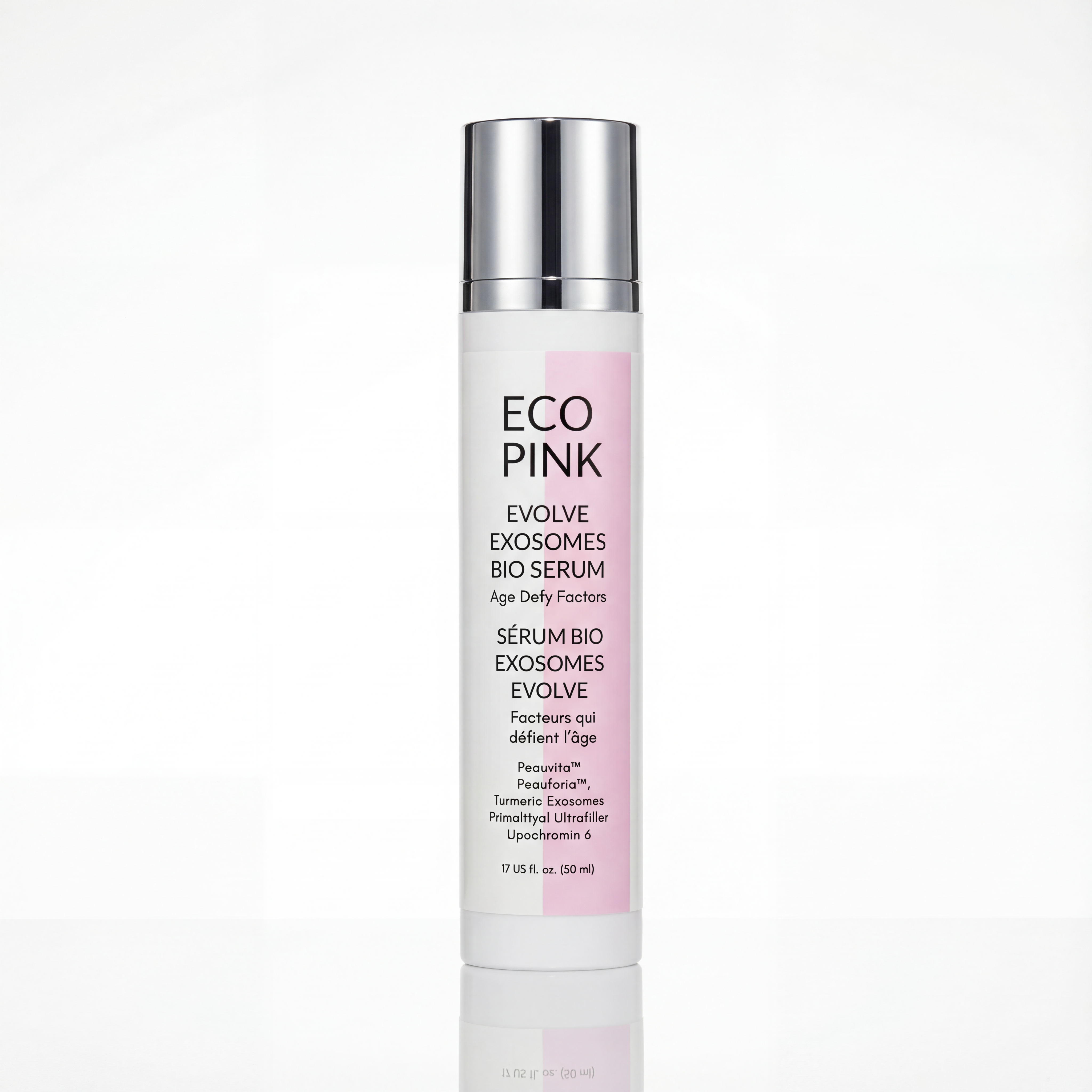 Eco Pink Exosome Bio Serum bottle on a white background AI 