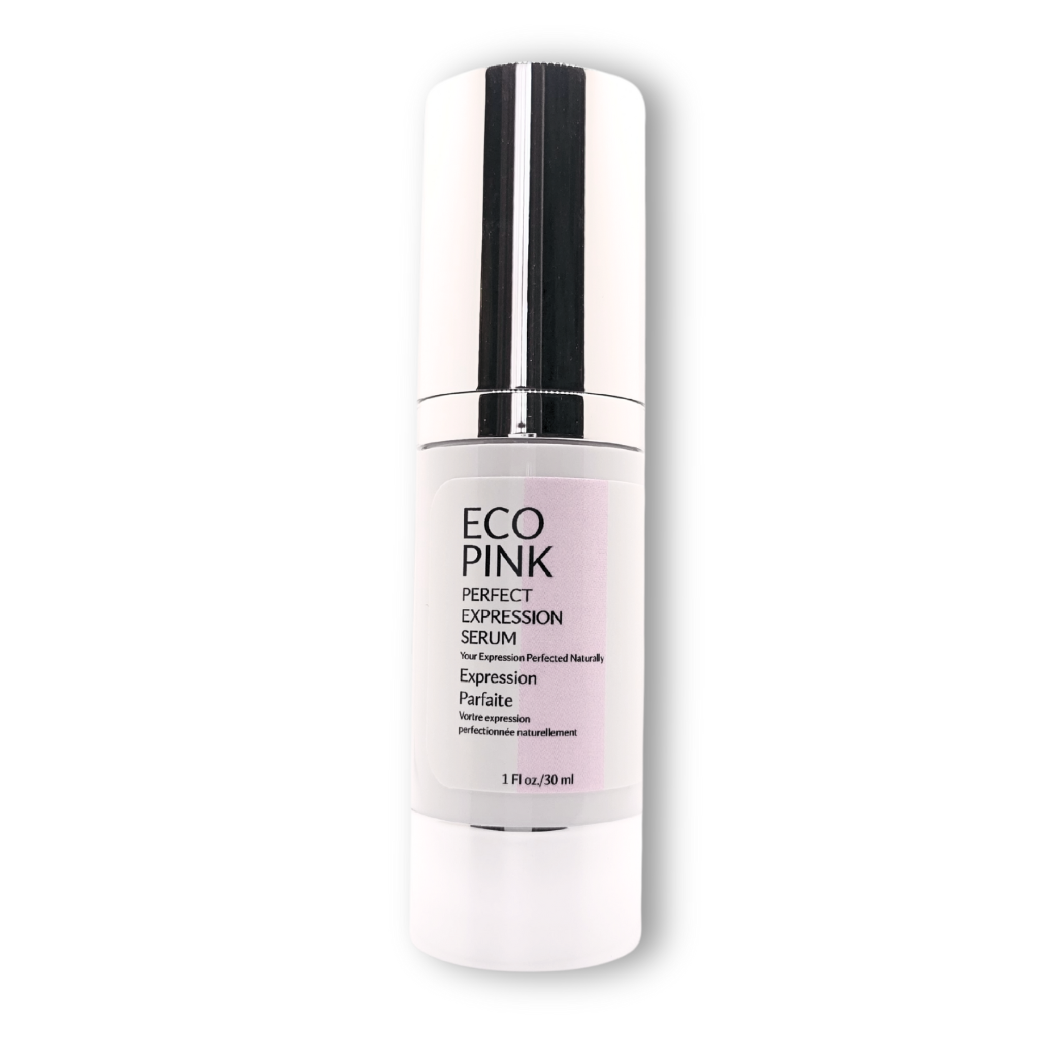 Serum bottle labeled 'Eco Pink' on a white background