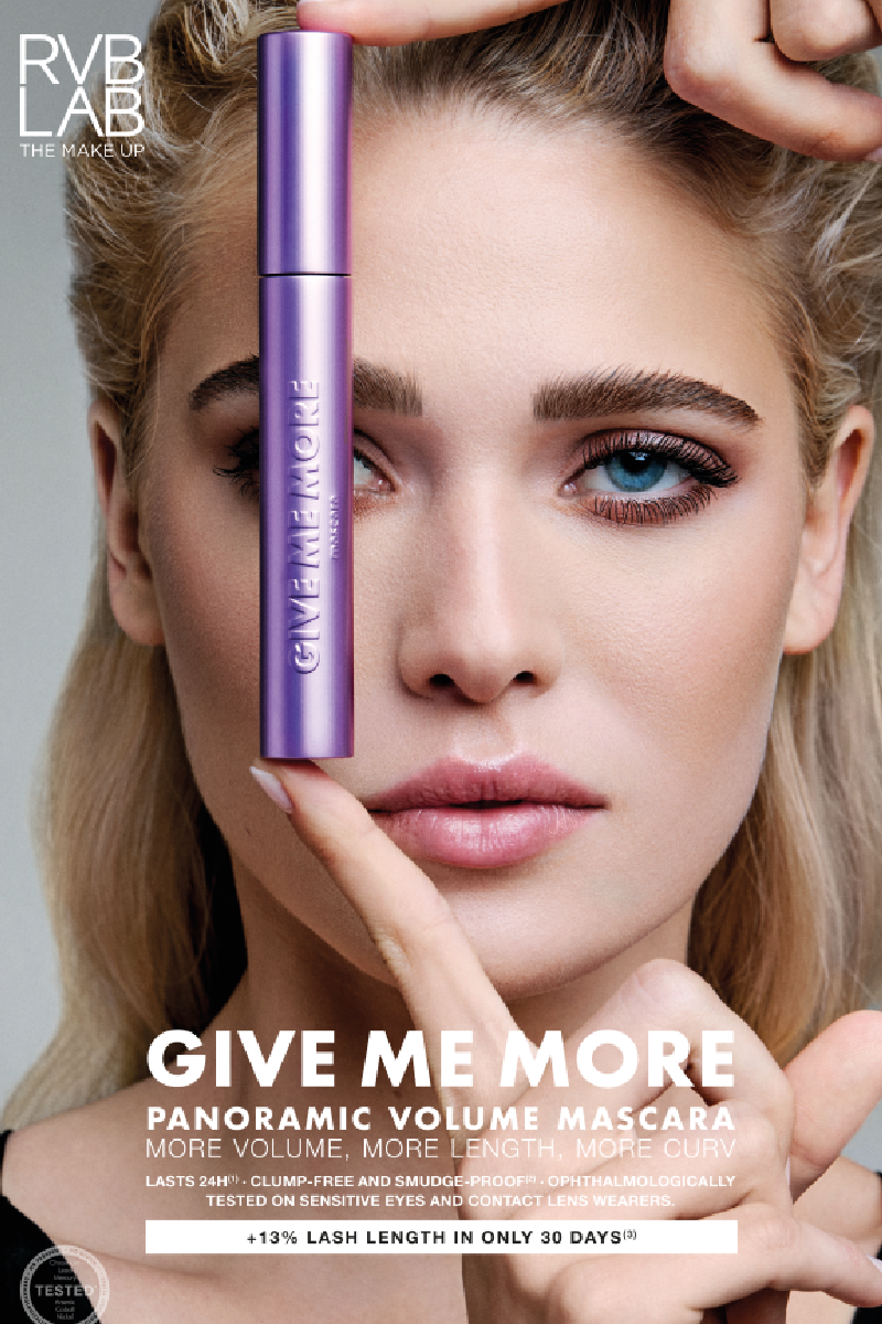 "Give Me More Mascara application showing dramatic lash volume and definition - RVB Lab the Makeup professional mascara for enhanced lash intensity, shipped from Pink Avenue, Toronto