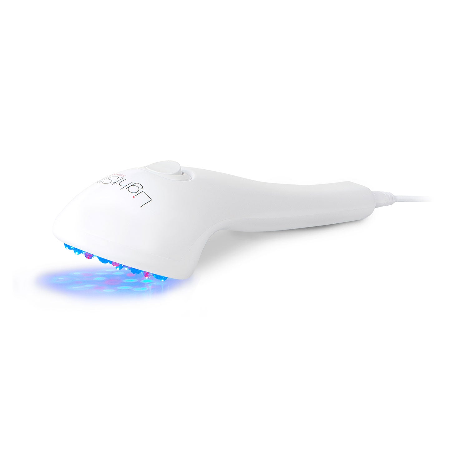 "LightStim for Acne LED light therapy device showing blue and red light emission for acne treatment"