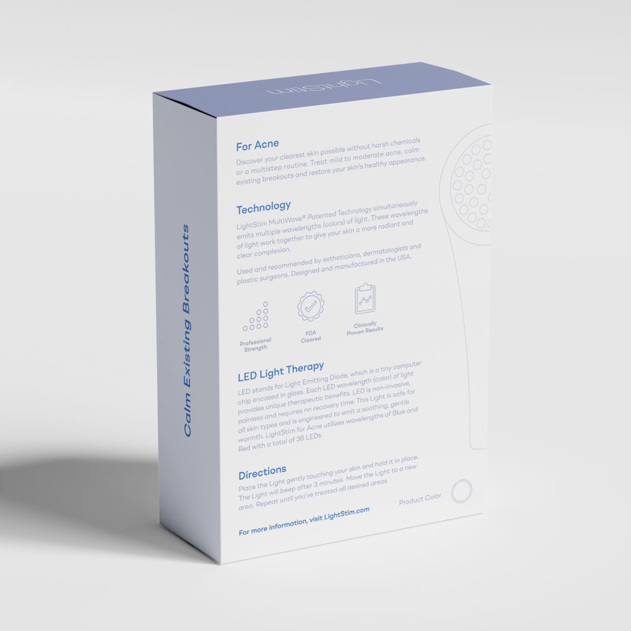 Product packaging box for LED light therapy on a white background