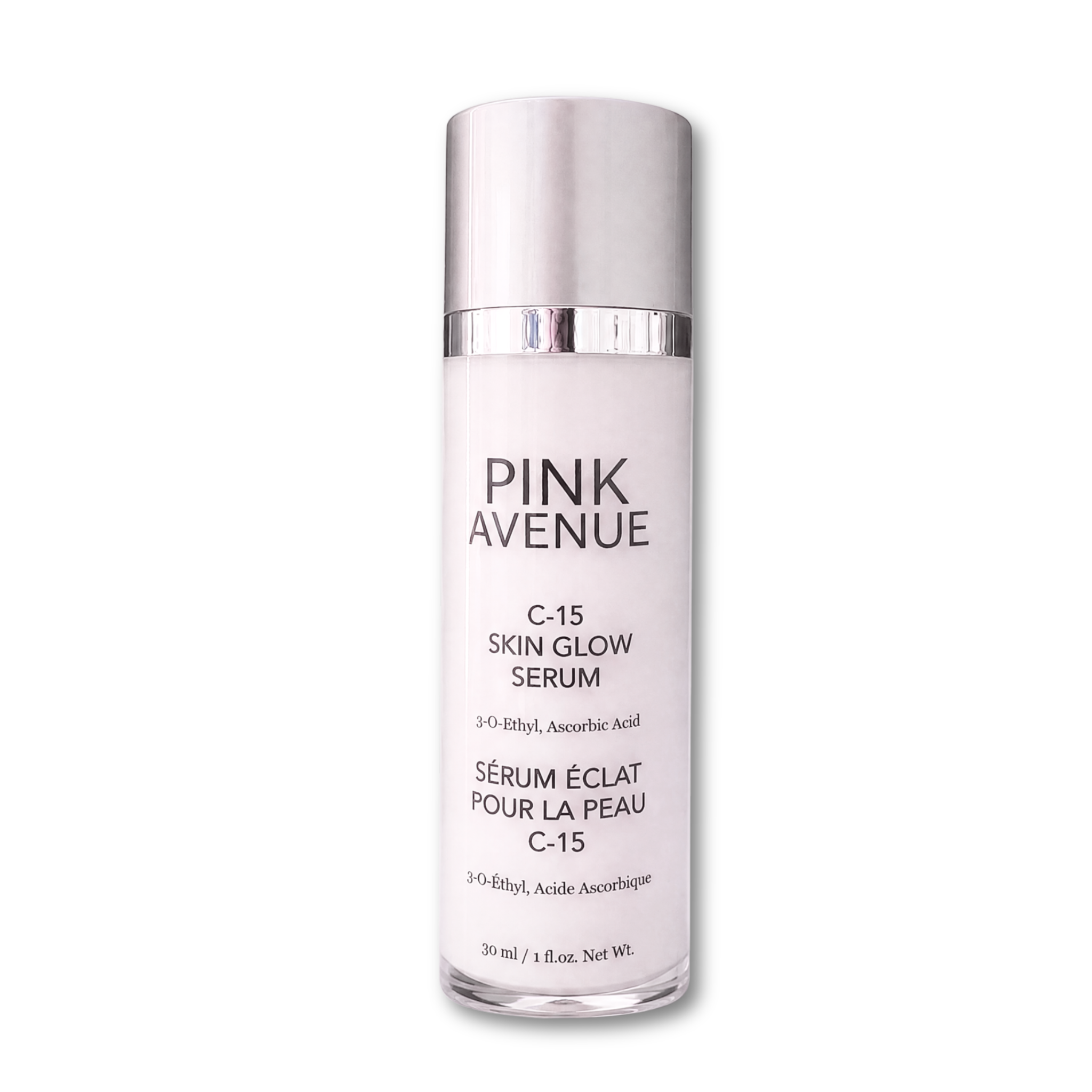 Pink Avenue C-15 Skin Glow Serum in a 30 ml clear bottle with a white label and a metallic silver cap, set against a plain white background.