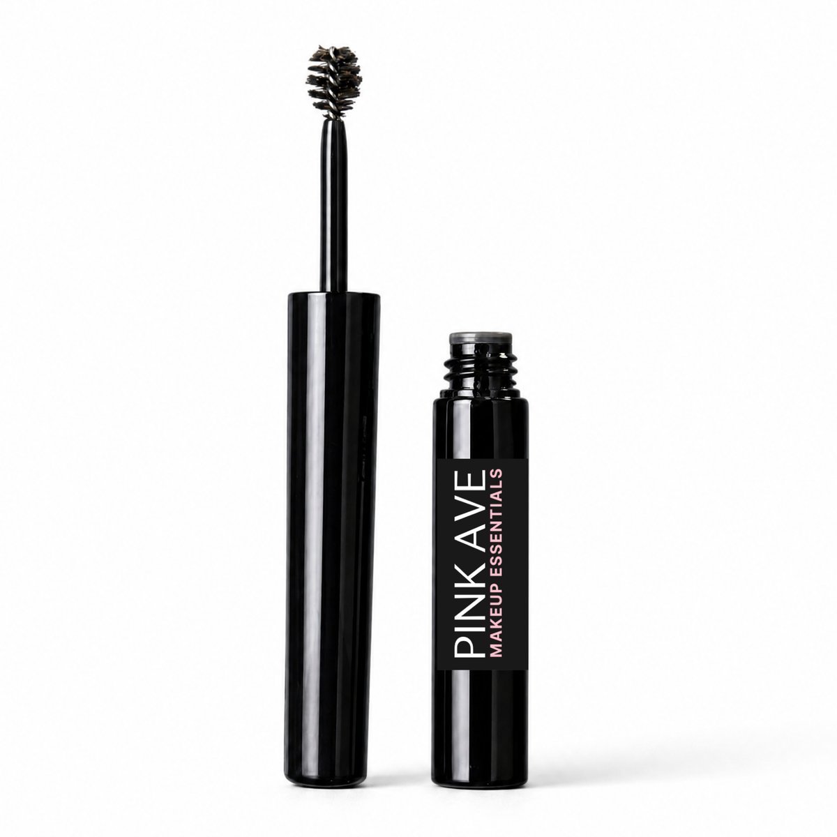 Black makeup wand applicator and matching black tube with a label reading PINK AVE MAKEUP ESSENTIALS on a white background.