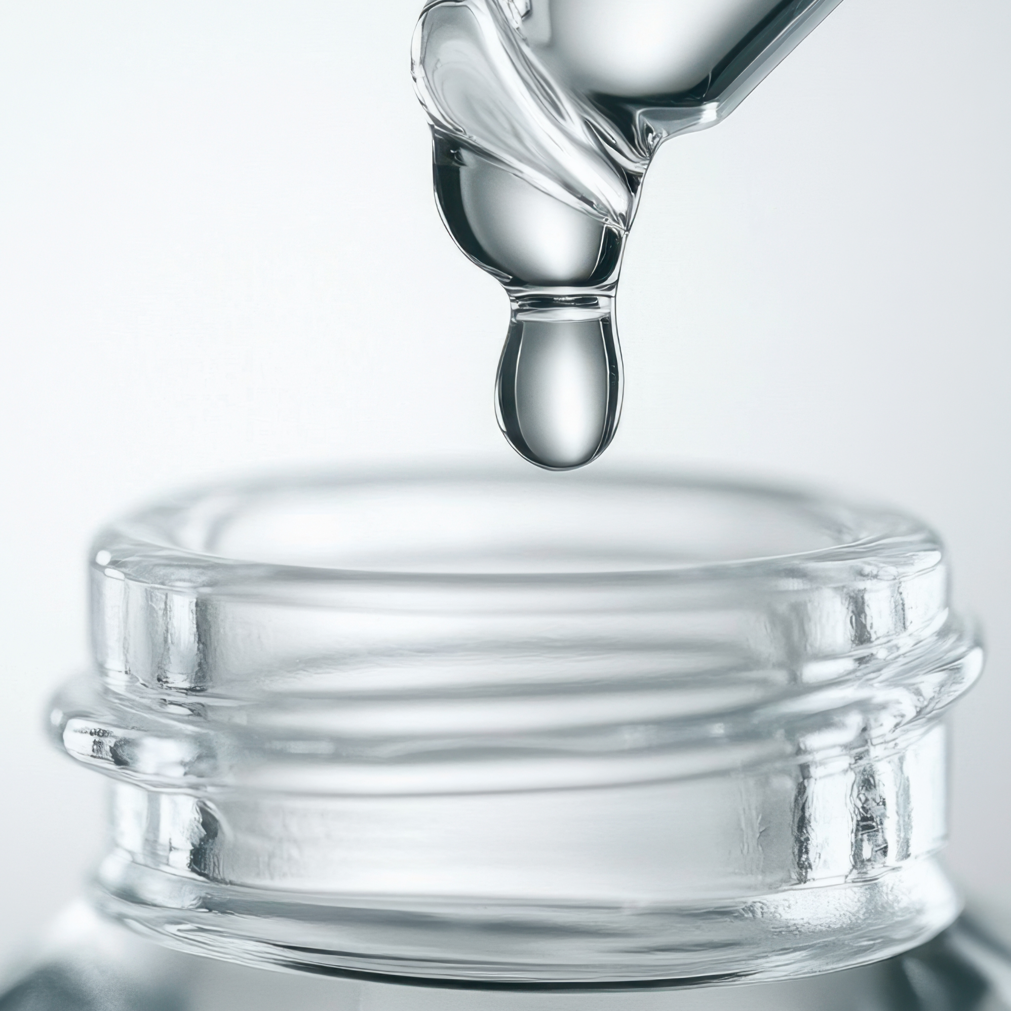 Close-up of a dropper dispensing liquid into a clear jar on a light gray background