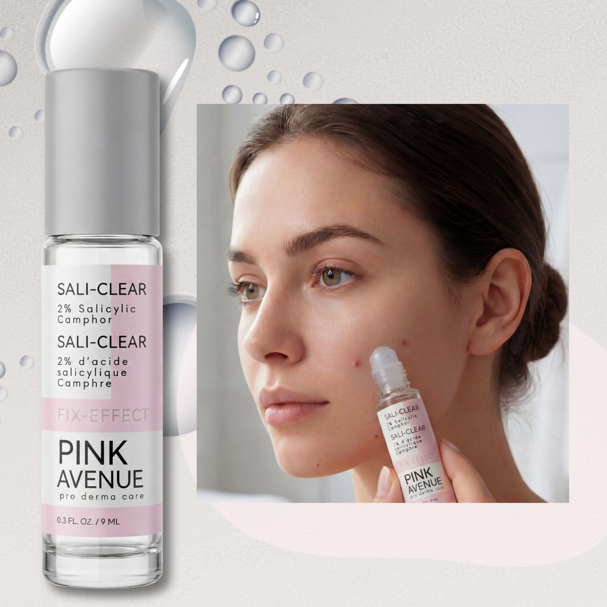 Pink Avenue skincare serum bottle with a woman applying it to her face.