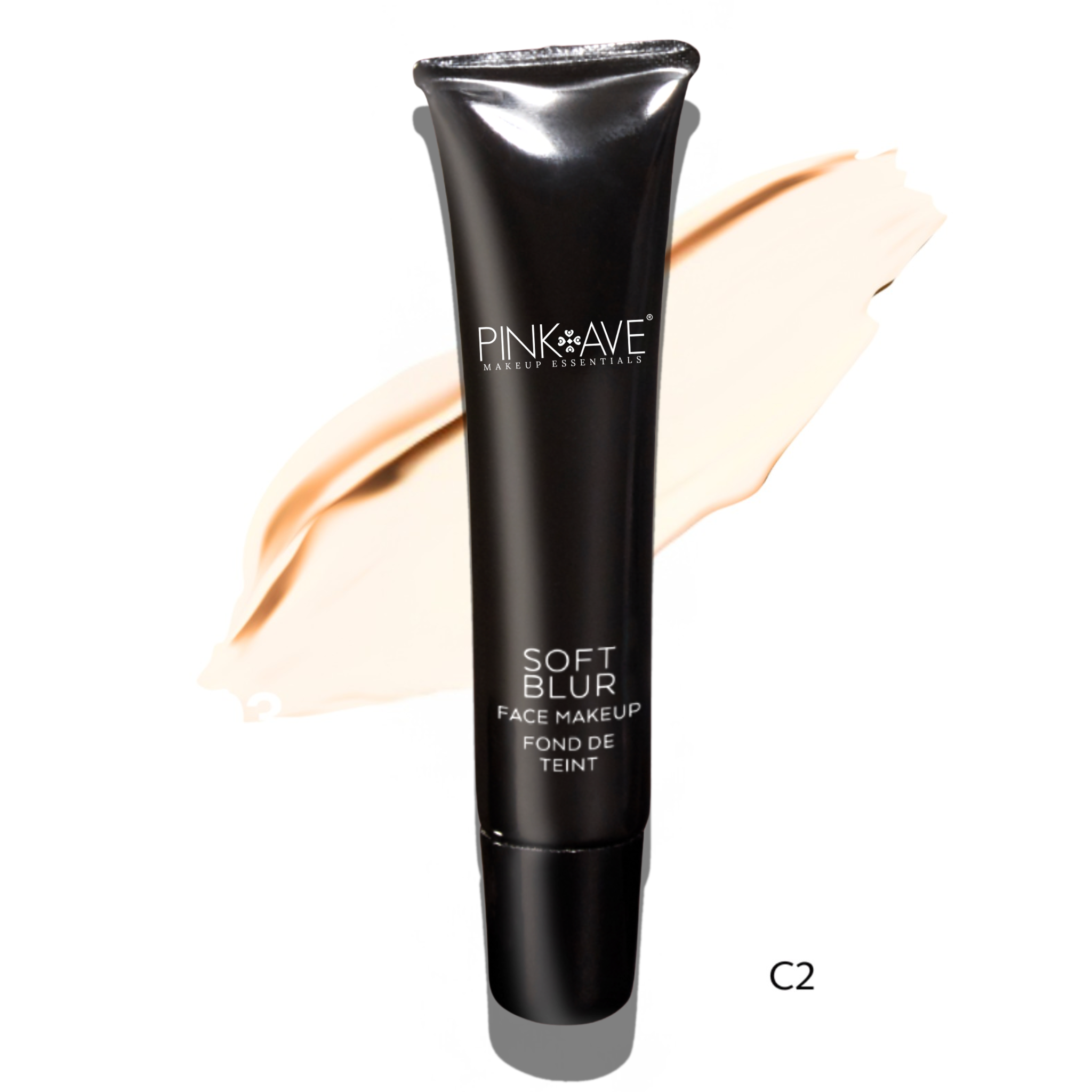 Black makeup foundation bottle with 'Pink Ave' branding on a white background