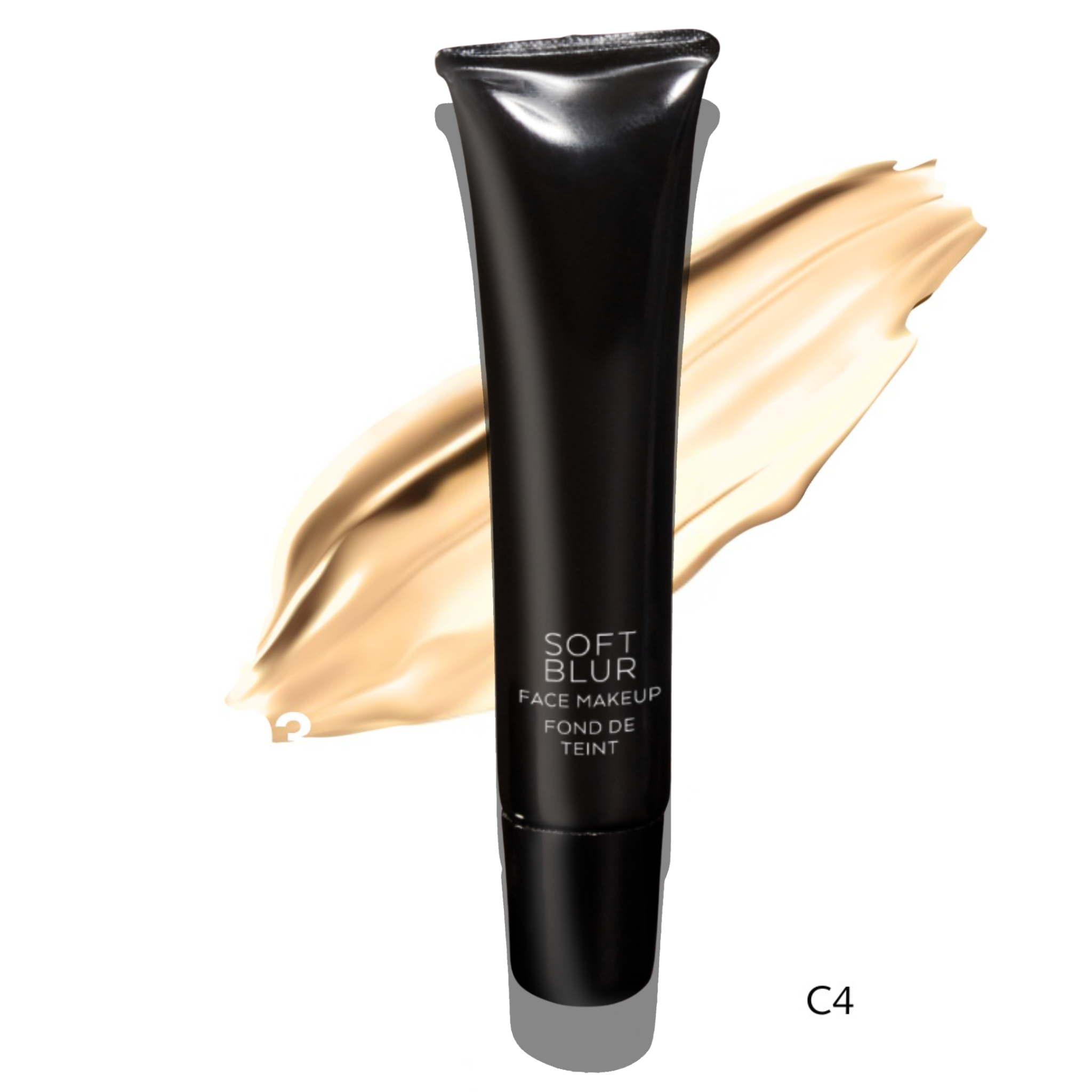 Black tube of Soft Blur face makeup with beige swatch on a white background