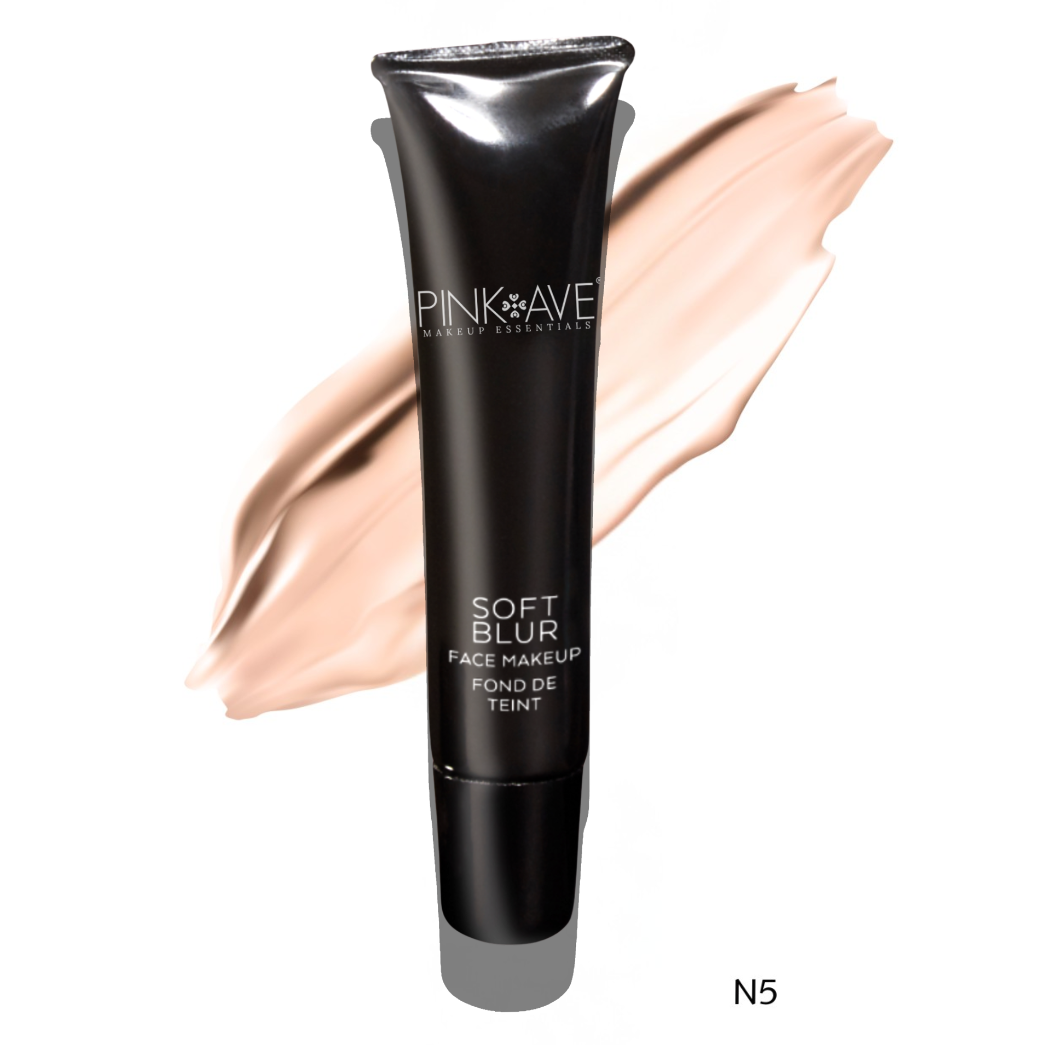 Black makeup tube labeled 'Pink Ave' with a swatch of beige color on a white background