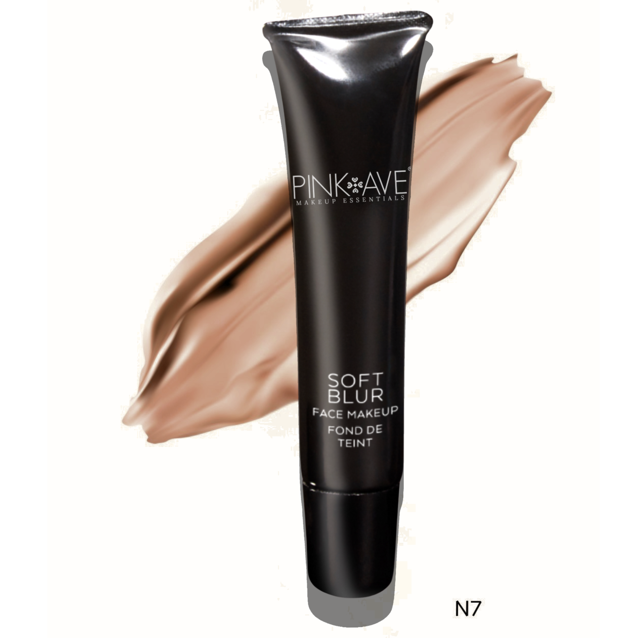 Black makeup tube labeled 'Pink Ave' with a swatch of beige color on a white background