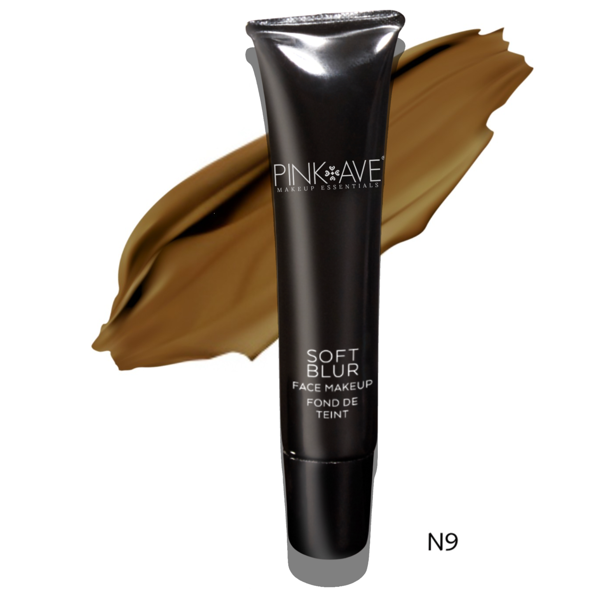 Pink Ave Soft Blur Face Makeup tube with brown color swatch on a white background