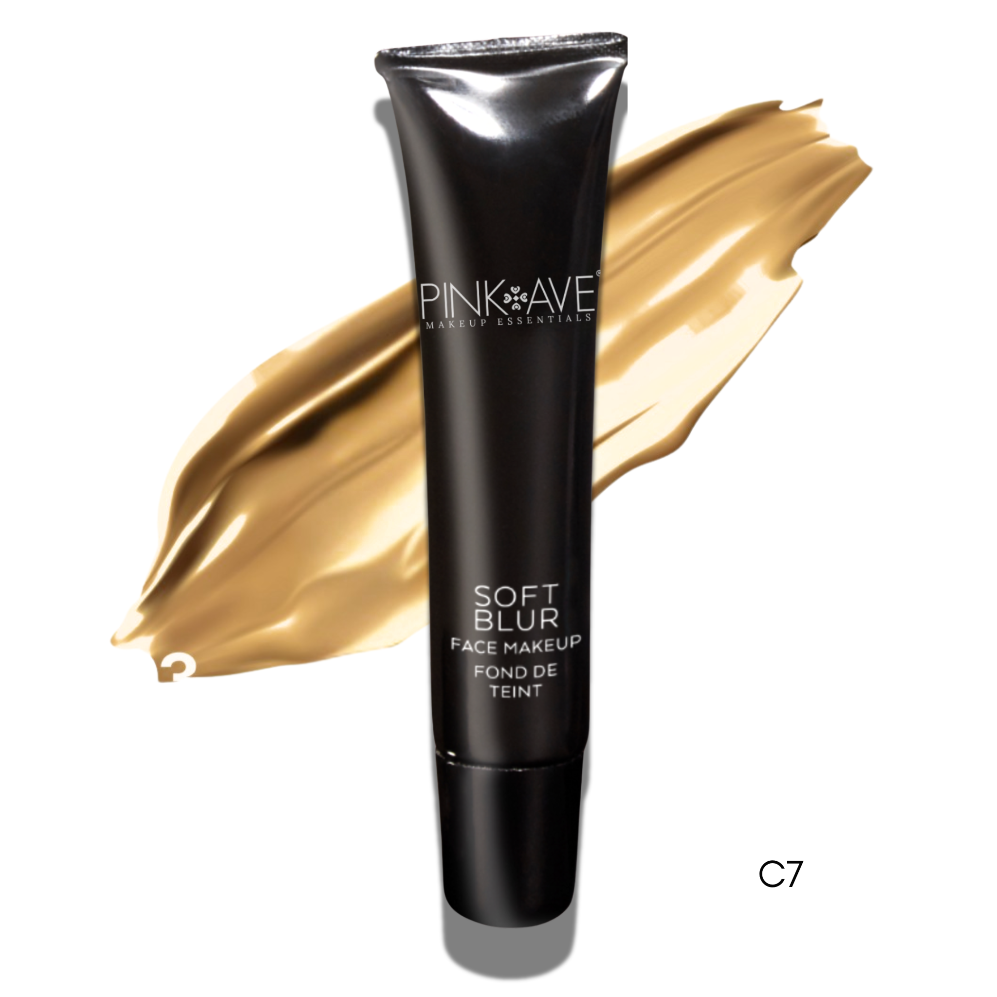 Black makeup tube labeled 'Pink Ave' with a gold color swatch on a white background