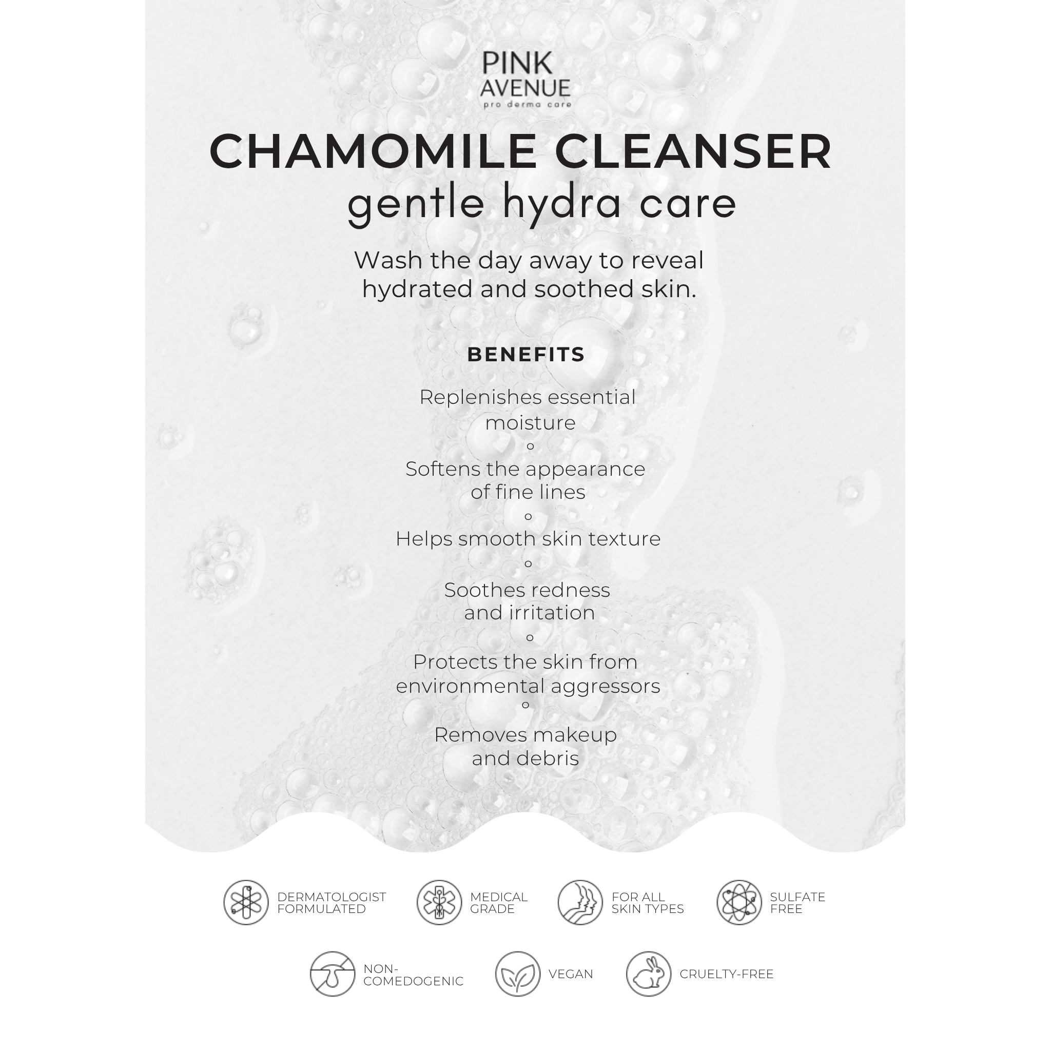 Product label for Chamomile Cleanser with benefits and branding on a white background