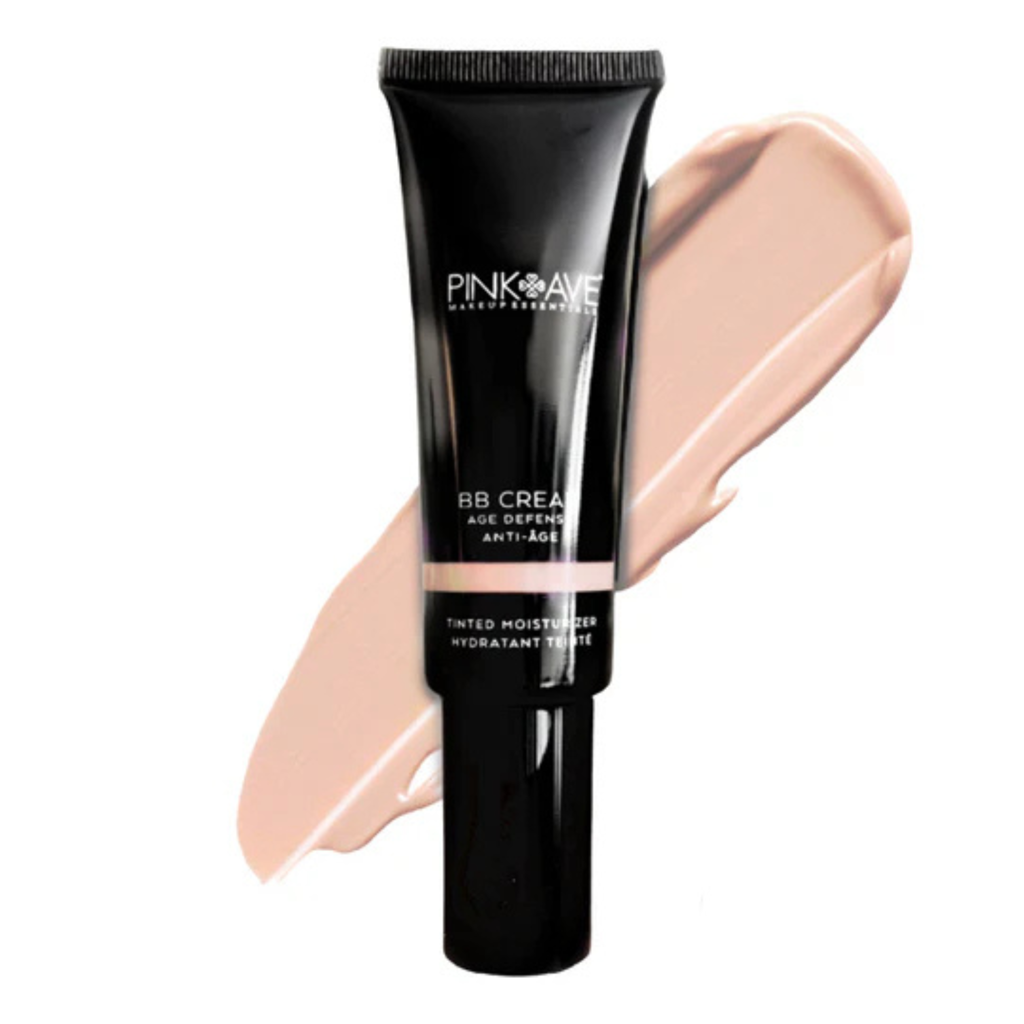 Black BB cream tube with a swatch of beige color on a white background