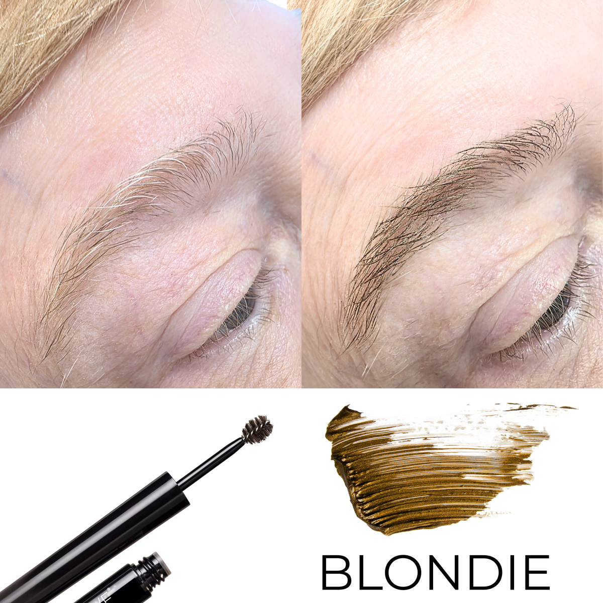 Before-and-after comparison of an eyebrow brow lamination or tint on blonde hair, with a black applicator wand shown and a brown-to-golden-brown swatch labeled 'BLONDIE' on a white background.