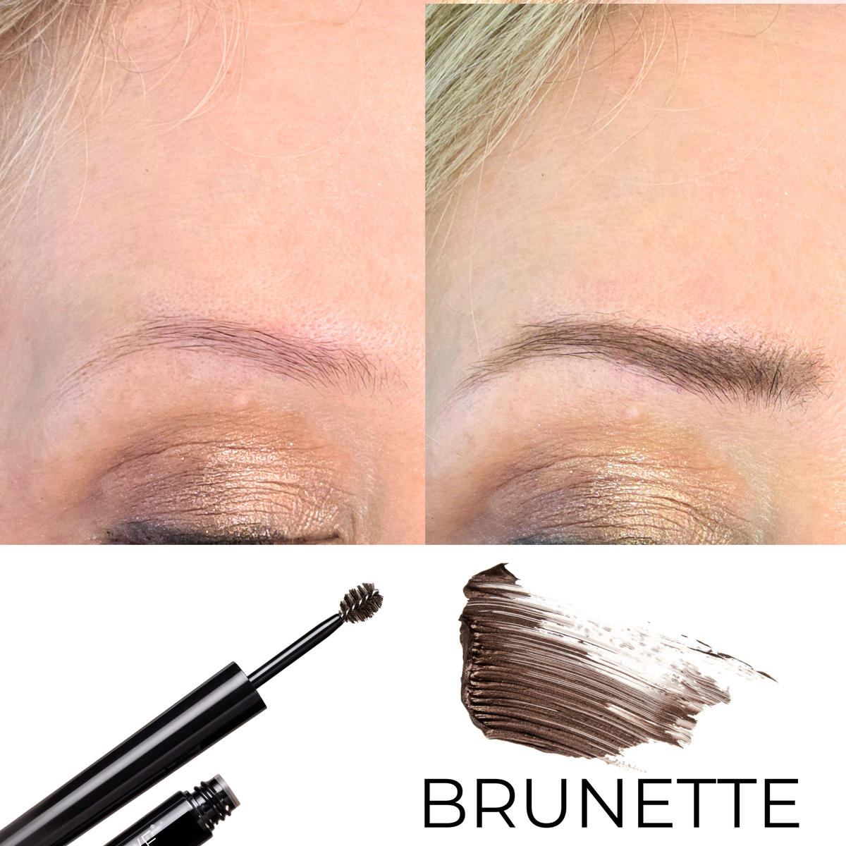 Close-up eyebrow makeup demonstration showing a before-and-after look on a model's eyebrow, with a black mascara wand and a brown product swatch labeled 'BRUNETTE' on a white background.