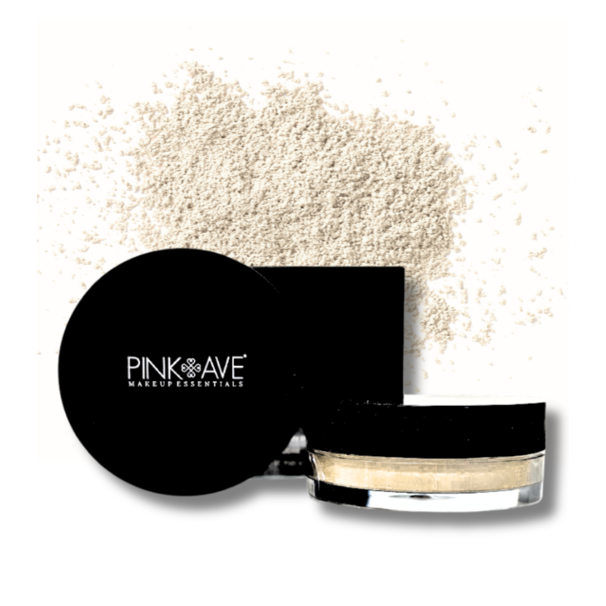 Black container of loose powder with a black applicator, featuring the Pink Ave brand.